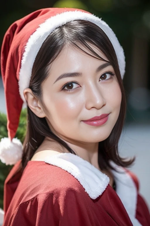 Sharpen, Removed backgrounds, Portrait of a mature woman, ((up of face:1.3)), gravure, masutepiece, Best Quality, Ultra-detailed, Photorealistic, super detailed skin, Perfect Anatomy, (1 japanese mature woman), (Solo), 90 years old, Old age, Christmas、Christmas tree、((Santa Claus Costume)), Keep your mouth tightly closed, Large breasts, Mature Actress, glamor, A sexy, Chromo-white skin, Looking at Viewer,
