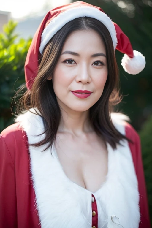 Sharpen, Removed backgrounds, Portrait of a mature woman, ((up of face:1.3)), gravure, masutepiece, Best Quality, Ultra-detailed, Photorealistic, super detailed skin, Perfect Anatomy, (1 japanese mature woman), (Solo), 90 years old, Old age, Christmas、Christmas tree、((Santa Claus Costume)), Keep your mouth tightly closed, Large breasts, Mature Actress, glamor, A sexy, Chromo-white skin, Looking at Viewer,