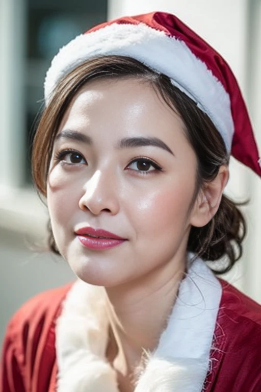 Sharpen, Removed backgrounds, Portrait of a mature woman, ((up of face:1.3)), gravure, masutepiece, Best Quality, Ultra-detailed, Photorealistic, super detailed skin, Perfect Anatomy, (1 japanese mature woman), (Solo), 90 years old, Old age, Christmas、Christmas tree、((Santa Claus Costume)), Keep your mouth tightly closed, Large breasts, Mature Actress, glamor, A sexy, Chromo-white skin, Looking at Viewer,