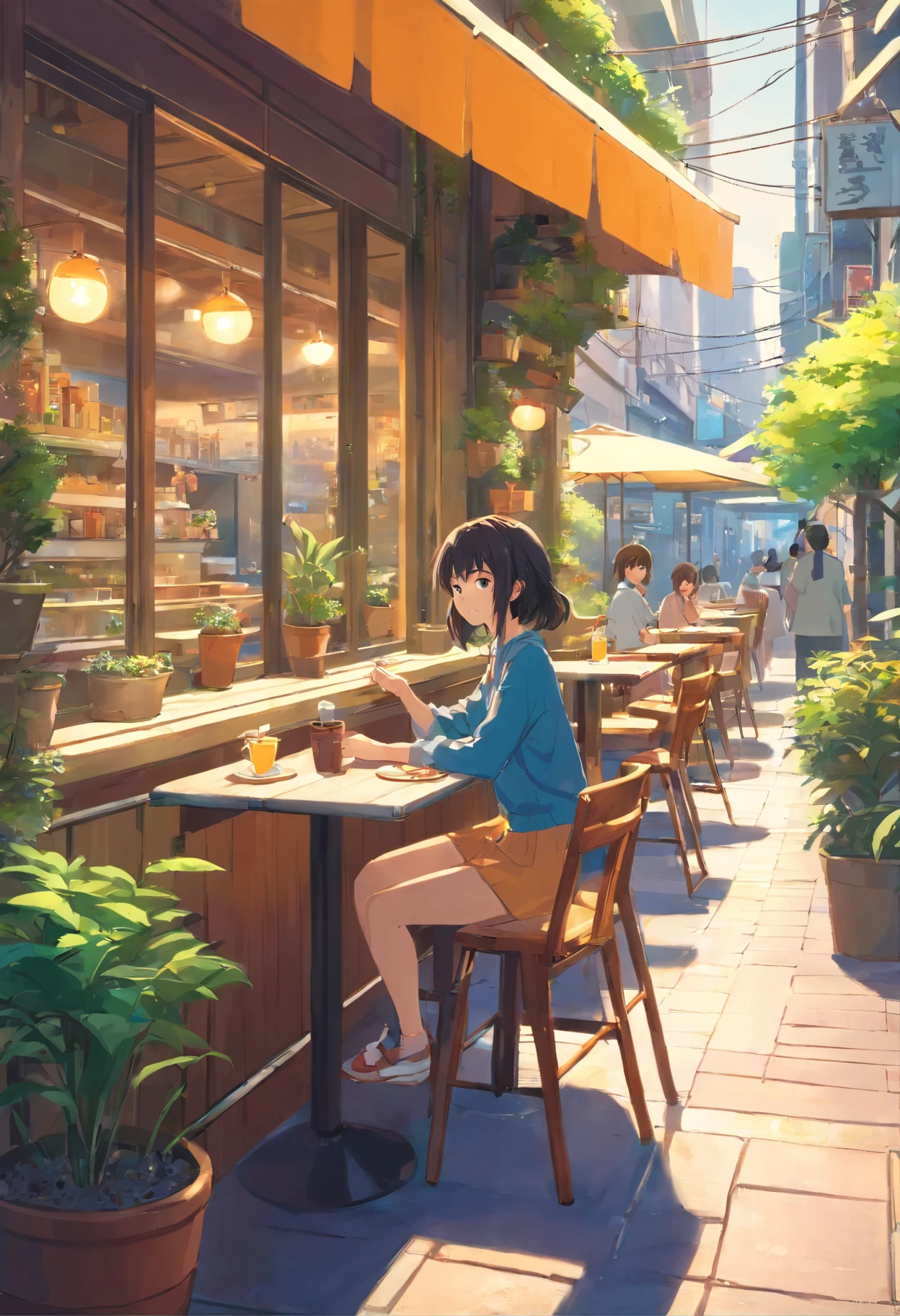 A girl, outdoor cafe, streetview, potted.