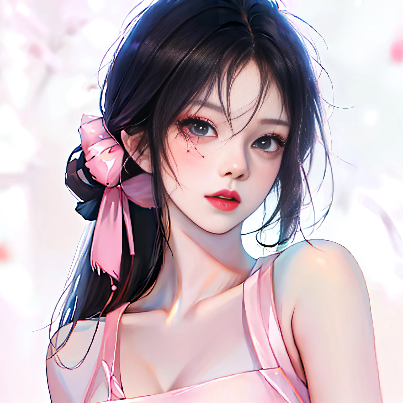 brunette color hair、Anime girl wearing pink dress posing for photo, Guviz-style artwork, kawaii realistic portrait, guweiz, in the art style of bowater, realistic young anime girl, Digital anime illustration, Realistic anime art style, smooth anime cg art, realistic anime 3D style, adorable digital art, render of april