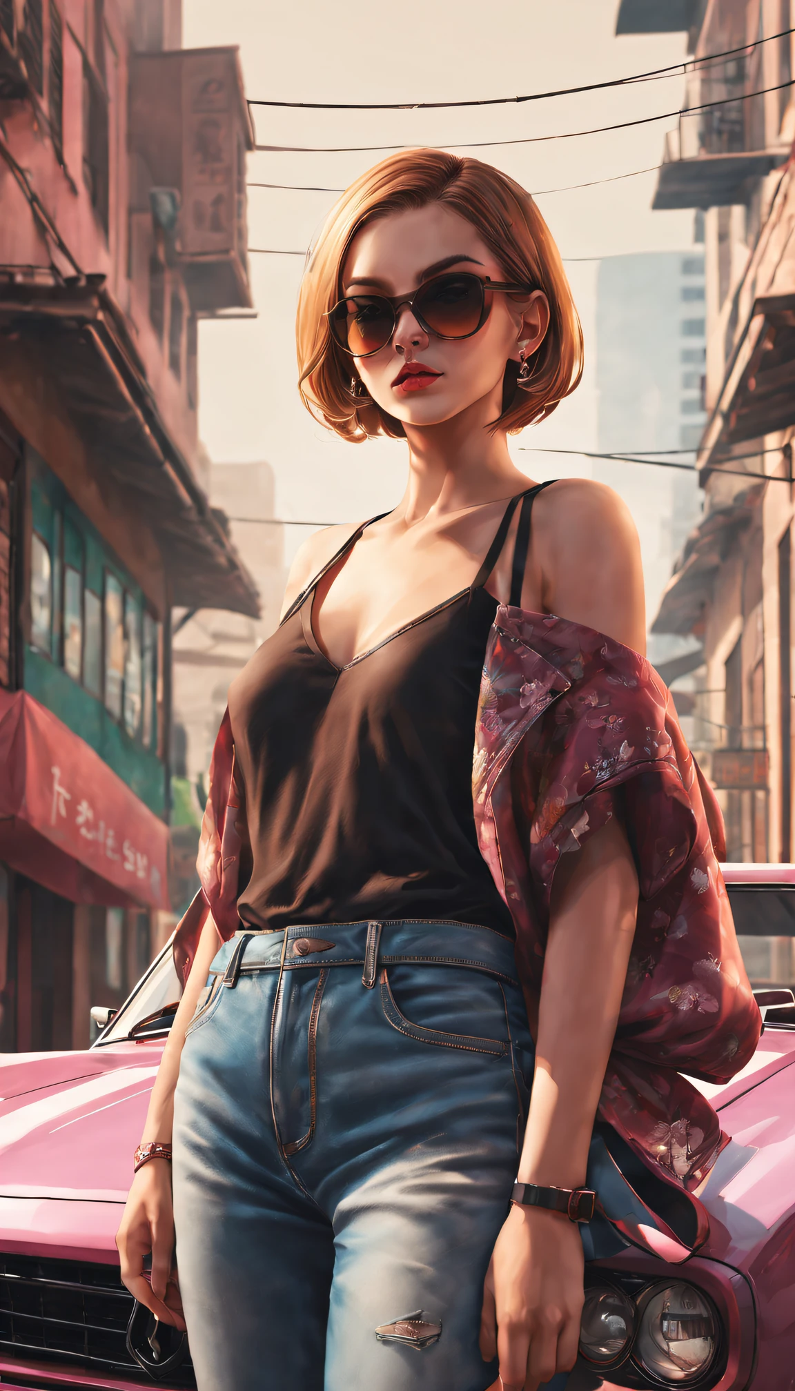 GTA STYLE，heroineashion accessor，Dangerous weapons，The Car，the city street，shadows  and highlights，hight contrast，crime and danger、Tension and suspense、Reflections on the avant-garde and the low ebb、Shady、（retro artstyle），evocative composition，(extremely detaild的 CG unified 8k wallpapers),(tmasterpiece), (Best quality), (ultra - detailed), (Best Best Illustration),(The best shadow), (Sharp eyeliner, eye shadows),（rose tattoo）。