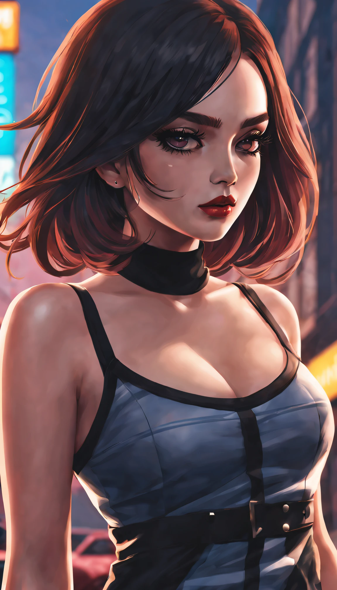 GTA STYLE,heroineashion accessor,Dangerous weapons,The Car,the city street,shadows and highlights,hight contrast,crime and danger、Tension and suspense、Reflections on the avant-garde and the low ebb、Shady、(retro artstyle),evocative composition,(extremely detaild的 CG unified 8k wallpapers),(tmasterpiece), (Best quality), (ultra - detailed), (Best Best Illustration),(The best shadow), (Sharp eyeliner, eye shadows),(rose tattoo)。