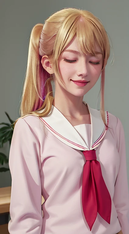best quality, masterpiece, highres, solo, {ruby_oshinoko:1.15}, blonde_hair, bangs, long_hair, blush, closed_mouth, smile, closed_eyes, 1girl, holding, indoors, multicolored_hair, sailor_collar, school_uniform, serafuku, side_ponytail, sidelocks, +_+, long_sleeves, neckerchief, red_neckerchief, sparkling_eyes, upper_body, white_sailor_collar, looking_at_viewer, pink_eyes