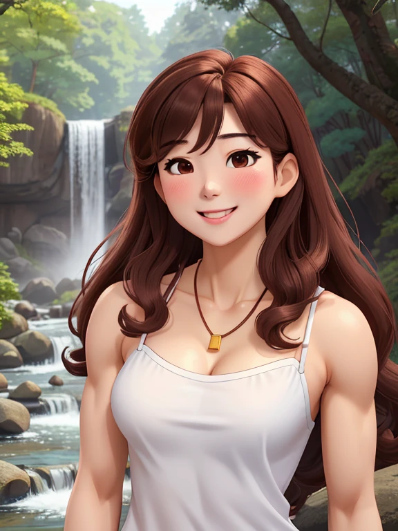 attractive korean woman, ripped muscle, muscular body, small breast, pale skin, smile(blush), chemise, thin necklace, sixpack abs, [ultra detailed skin:1.2], brown hair, long curly hair, 8k uhd, full body, crowd, public, forest, waterfall, standing,