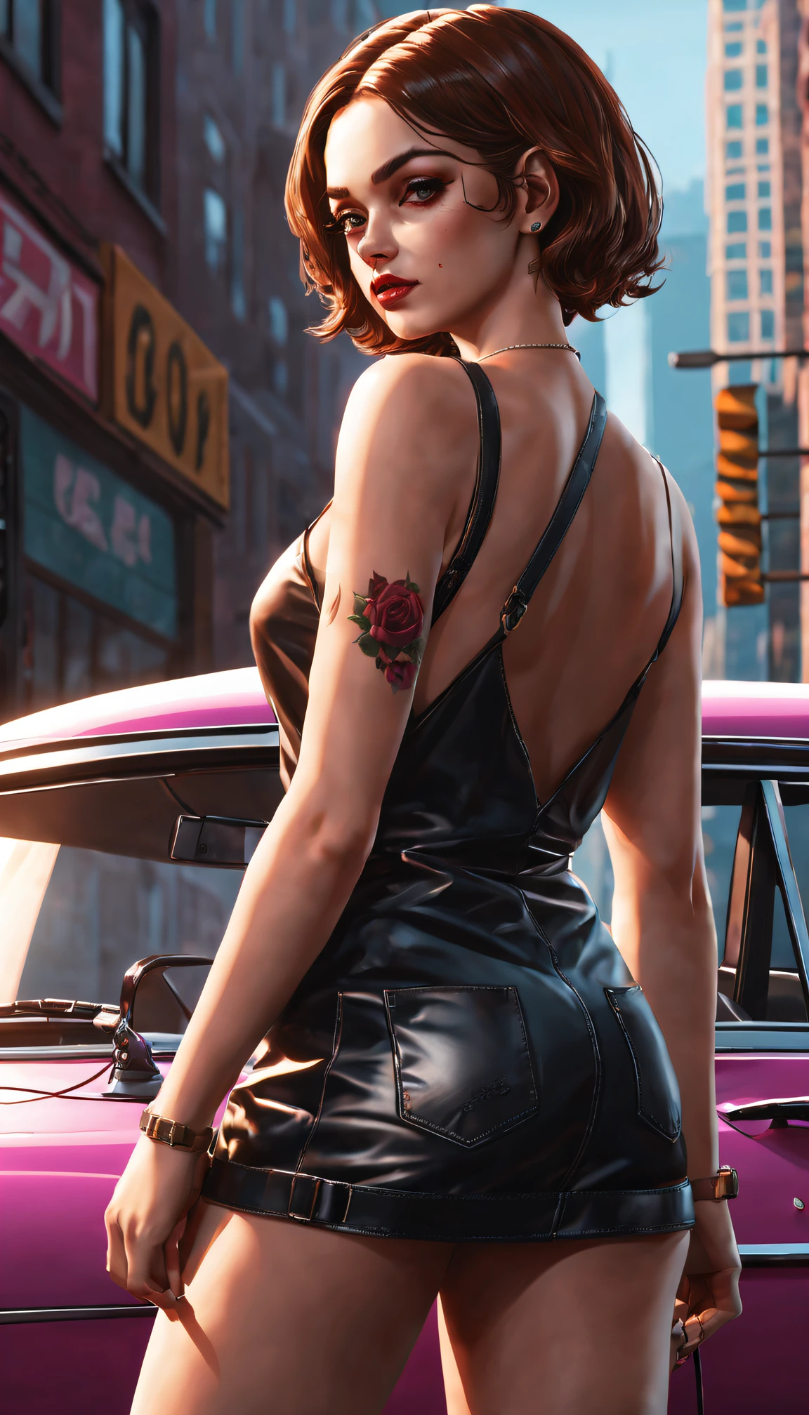 GTA STYLE,heroineashion accessor、shotgun、The Car,Future city streets,retro artstyle,shadows and highlights,hight contrast,crime and danger、Tension and suspense、Reflections on the avant-garde and the low ebb、Shady、evocative composition。(Best quality at best,4K,8K,A high resolution,tmasterpiece:1.2),ultra - detailed,(actual,realisticlying,Photorealistic:1.37),(rose tattoo)。