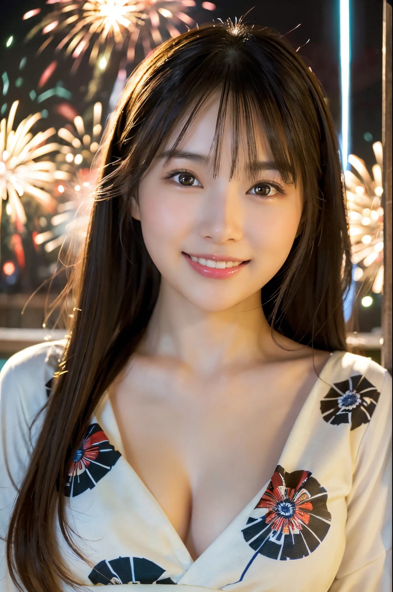 ulzzang -6500-v1.1, (Raw photo:1.2), (Photorealsitic), a beautiful detailed girl, (Real: 1.4), extremely detailed eye and face, ((Yukata with red floral pattern;1.3))、((Fireworks in the background:1.2)), selfee, Instagram、game_nffsw, huge filesize, hight resolution, ighly detailed, top-quality, [​masterpiece:1.6], illustratio, ighly detailed, nffsw, finely detail, top-quality, 8k wallpaper, Cinematographic lighting, 1girl in, , perfect body type, cute droopy eyes beautiful big eyes、Pieckfinger, ((masutepiece)), Best Quality, eye shadow,  Portrait, ((FULL BODYSHOT:1.4))、(Very affectionate smile:1.2)、realistic skin textures、shinny skin、