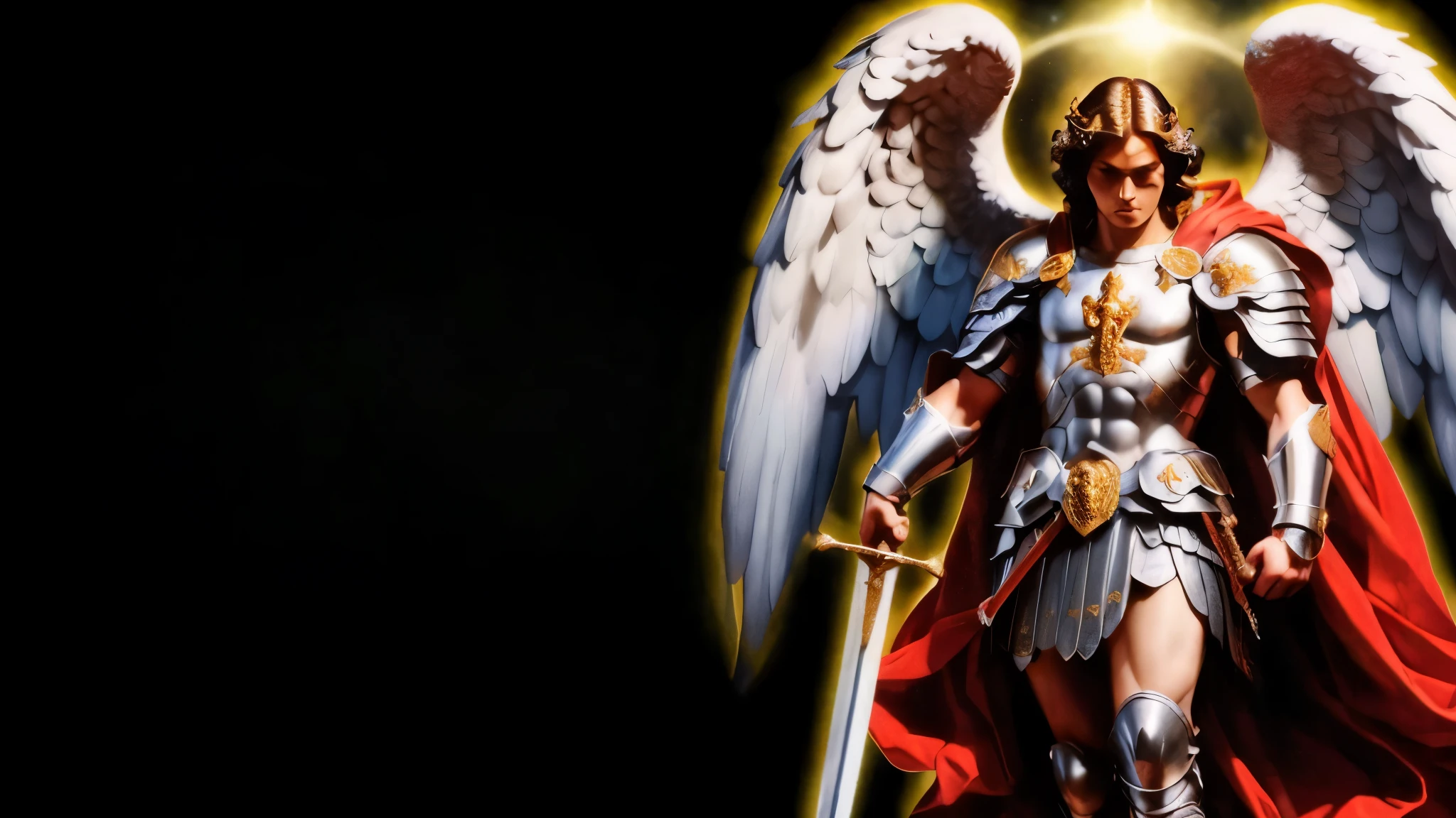 a close up of a statue of an angel with a sword, Arcanjo Miguel, arcanjo, angel in plastic armor, saint michael the angel, biblical accurate angel, angelic, anjo protegendo o homem, Armadura Sagrada, heroes of might and magic, angels vs demons, anjos biblicamente precisos, anjo super largo, Heroes of Power and Magic 3, angelic