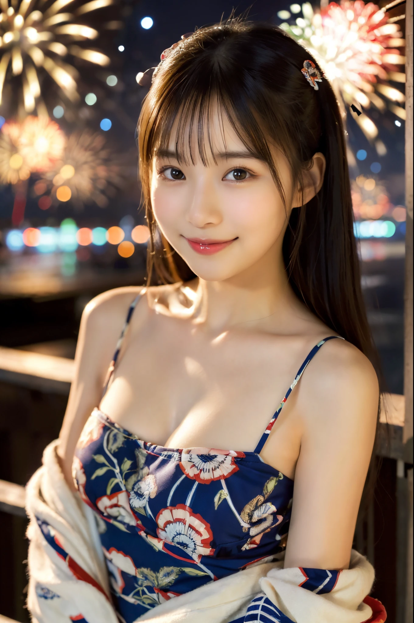ulzzang -6500-v1.1, (Raw photo:1.2), (Photorealsitic), a beautiful detailed girl, (Real: 1.4), extremely detailed eye and face, ((Yukata with red floral pattern;1.3))、((Fireworks in the background:1.2)), selfee, Instagram、game_nffsw, huge filesize, hight resolution, ighly detailed, top-quality, [​masterpiece:1.6], illustratio, ighly detailed, nffsw, finely detail, top-quality, 8k wallpaper, Cinematographic lighting, 1girl in, , perfect body type, cute droopy eyes beautiful big eyes、Pieckfinger, ((masutepiece)), Best Quality, eye shadow,  Portrait, ((FULL BODYSHOT:1.4))、(Very affectionate smile:1.2)、realistic skin textures、shinny skin、