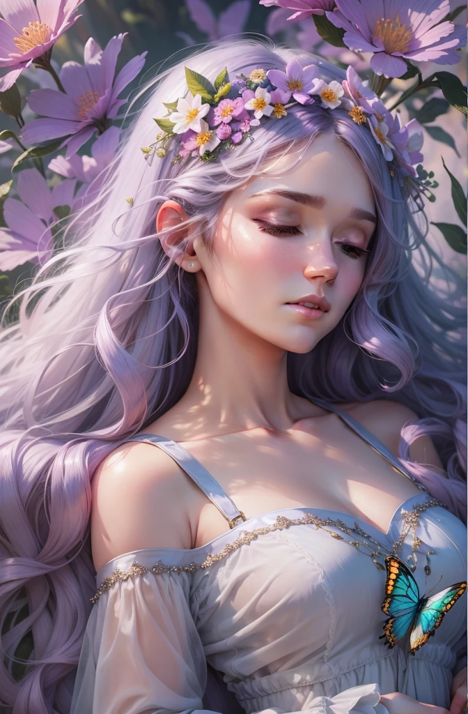 Best Quality,Ultra-detailed,realisitic, Vivid colors, studio lit, HDR, 8K, Masterpiece:1.2, Long, luscious rainbow-colored hair, shining silver horn, A gentle and calm expression, Seductive purple eyes, graceful and elegant posture, Closed eyes, beautiful butterfly wings, flowing iridescent gown, It is surrounded by blooming flowers, Subtle and magical atmosphere, fantasy art, Dreamlike scenery, Soft and warm shades