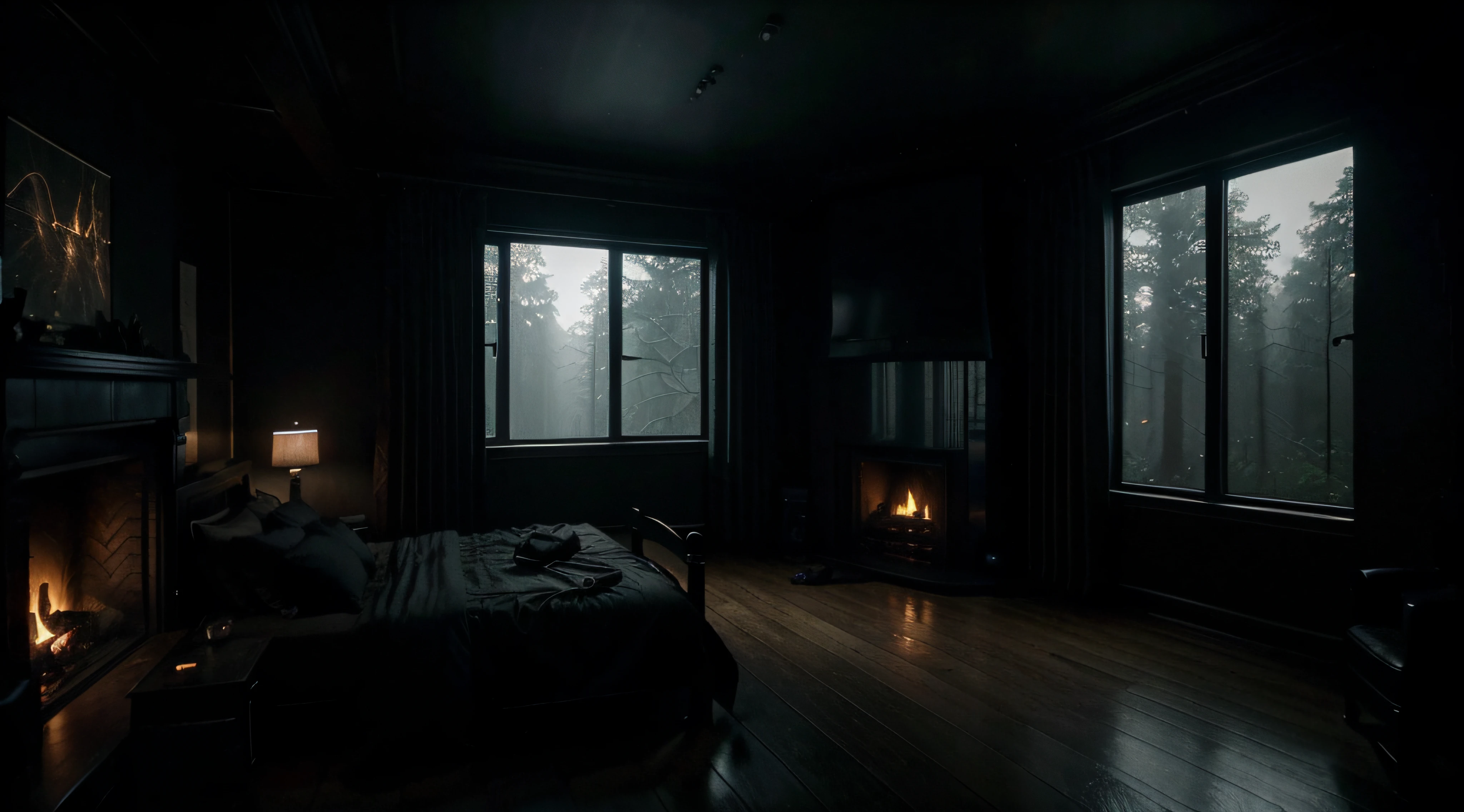 dimly lit bedroom with fireplace and large windows, dark bedroom, cyberpunk bedroom at night, dimly lit bedroom, dim bedroom, dark and moody aesthetic, dreamy atmosphere and drama, pitch black room, large window to the forest at night, dark photorealistic concept art, rainy aesthetic, moody cinematic atmosphere, room with an eerie feel, gloomy cinematic lighting