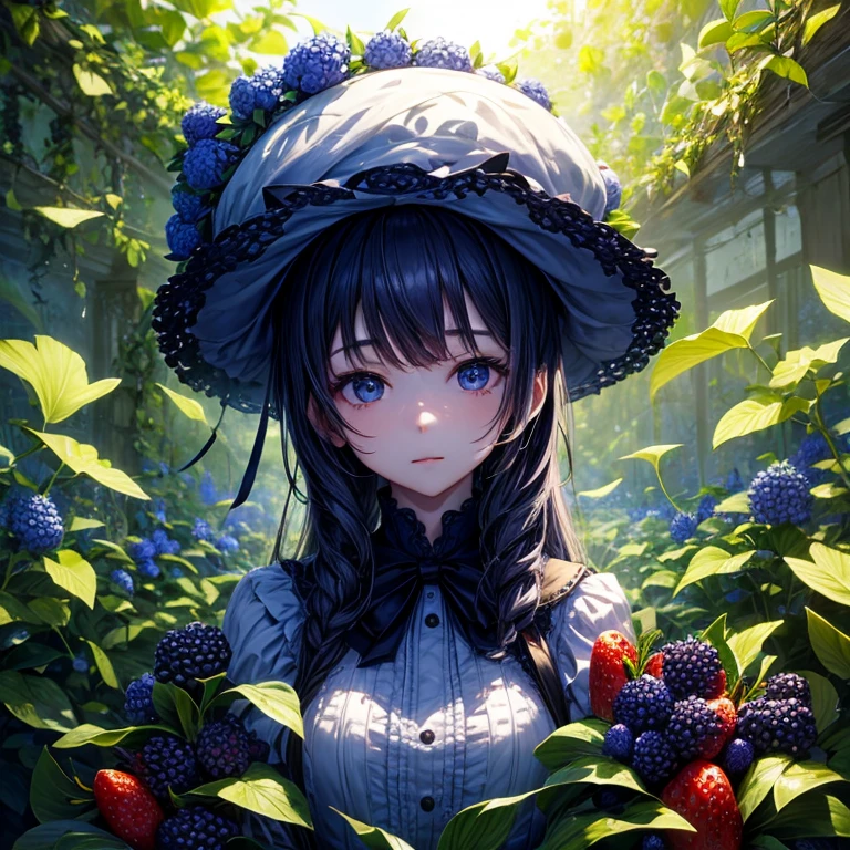 Overgrown with flowers、A hat filled with blueberries and strawberries、girl with、Best Quality, masutepiece, High resolution, Cinematic lighting, Volumetric lighting, contour deepening,