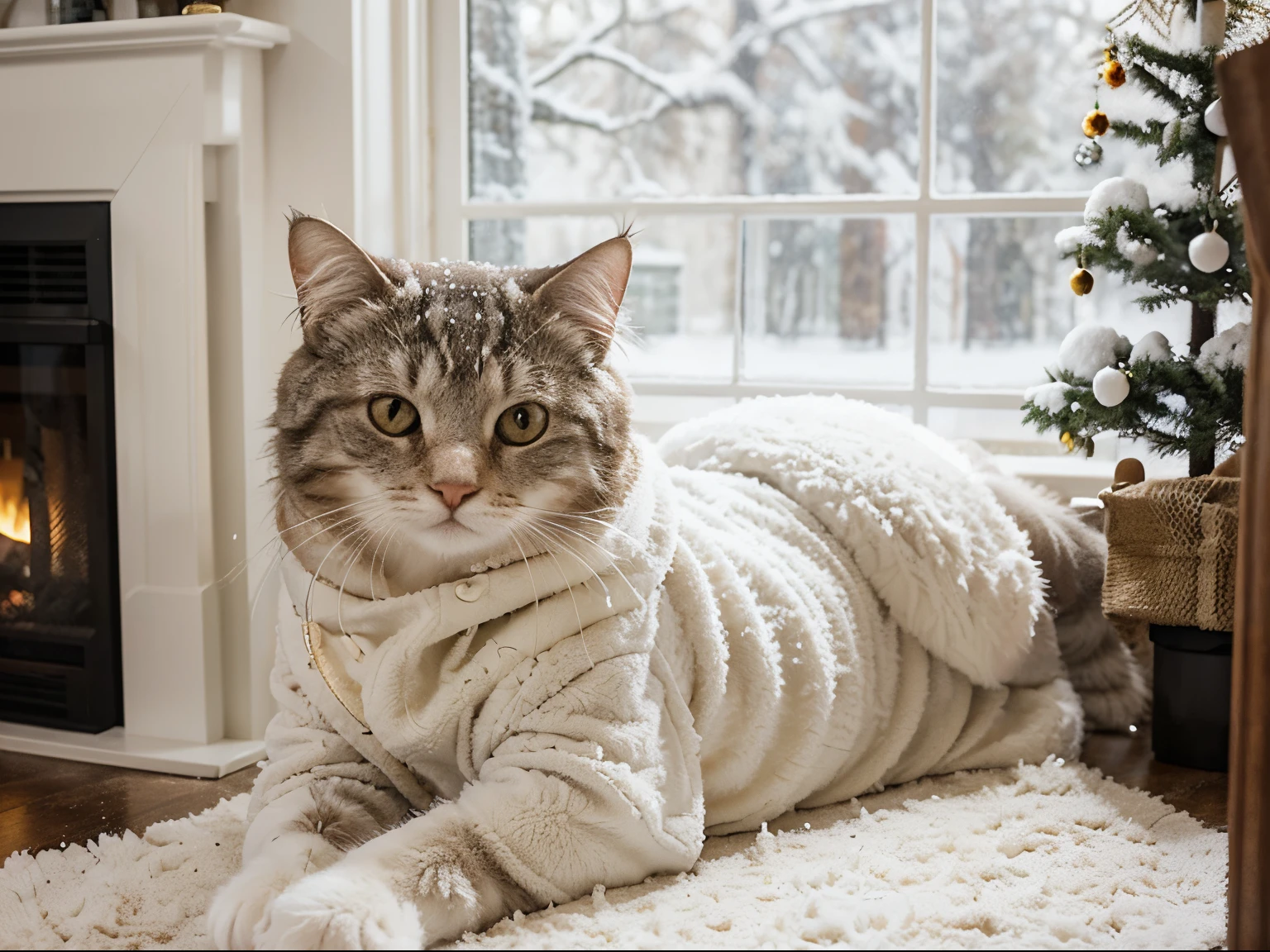 winter, cozily, snow is falling outside the window, fireplace in the house , plaid, fluffy cat, beige and white colors, evening.
