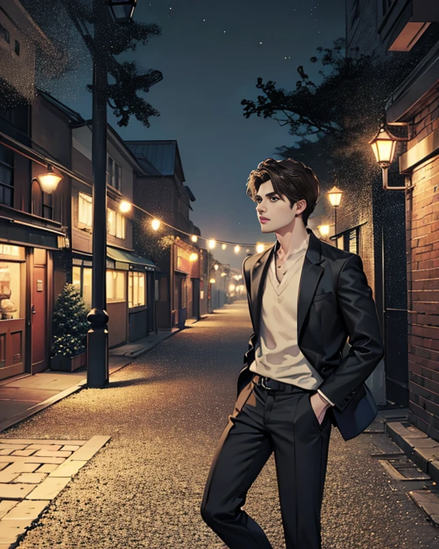 Raw photo、Man's, muscular, Brown skin, long brown curly hair, Dark suit pants, Black blazer and white shirt, City Background, Night, In a dark alley, Realistic, 8K, Unreal Engine, Highly detailed, Octane Rendering,