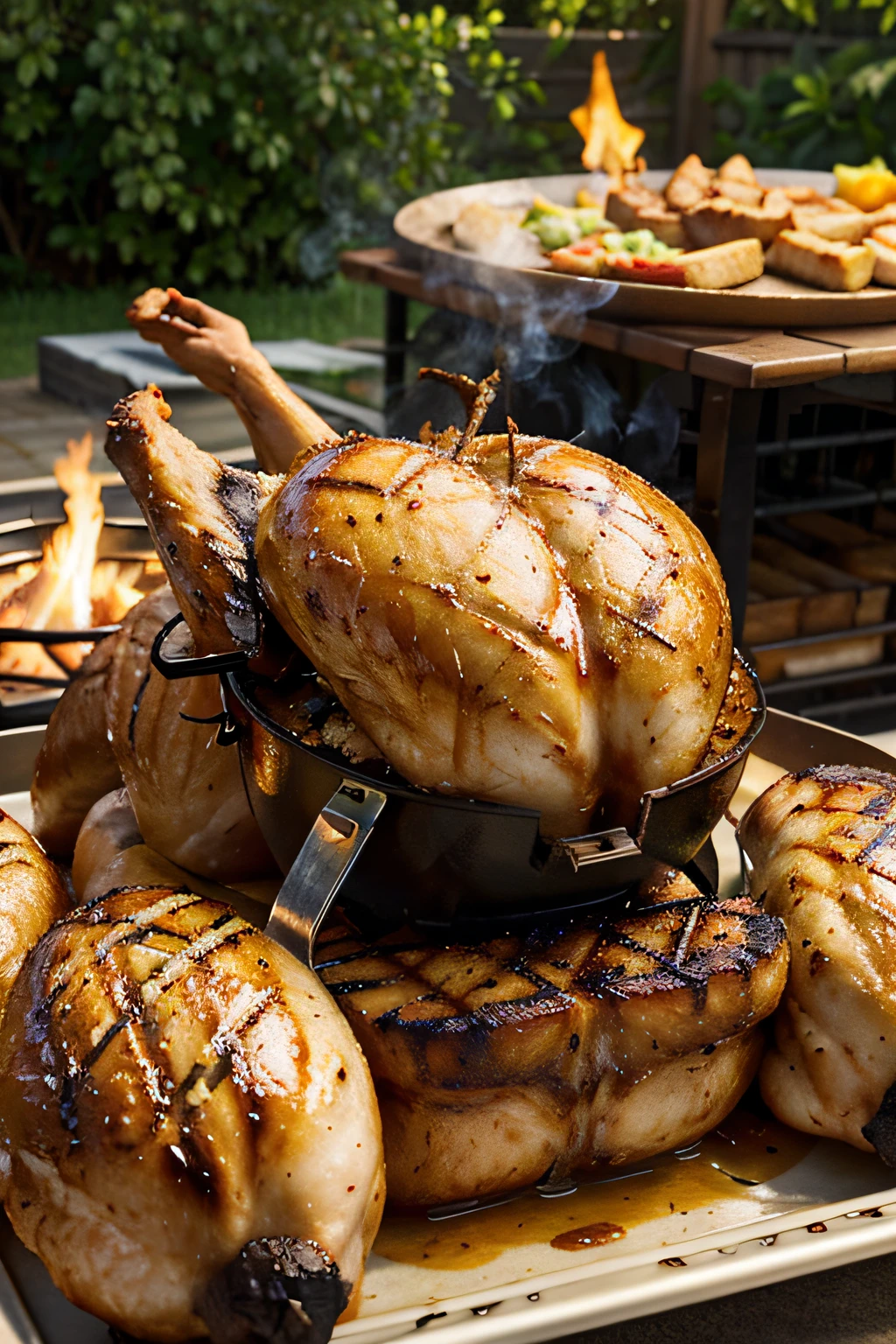 Evoke a mood of summery delight and outdoor feasting, with the smoky chicken taking center stage. Convey the feelings of anticipation and satisfaction that come with a perfectly grilled dish, making the viewer practically smell and taste the delicious smokiness.