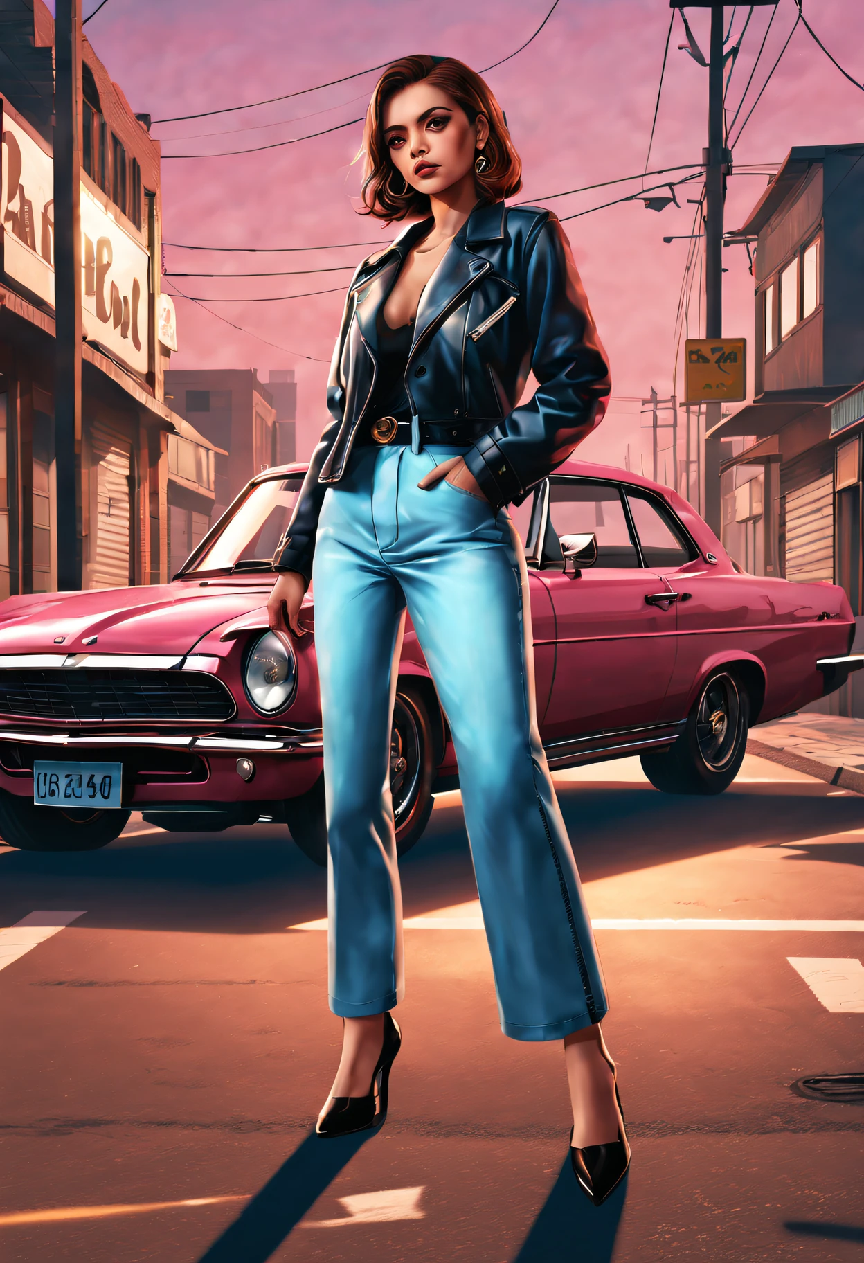 GTA STYLE，heroineashion accessor，Dangerous weapons，The Car，the city street，shadows  and highlights，hight contrast，crime and danger、Tension and suspense、Reflections on the avant-garde and the low ebb、Shady、（retro artstyle），evocative composition，(extremely detaild的 CG unified 8k wallpapers),(tmasterpiece), (Best quality), (ultra - detailed), (Best Best Illustration),(The best shadow), (Sharp eyeliner, eye shadows),（rose tattoo）。