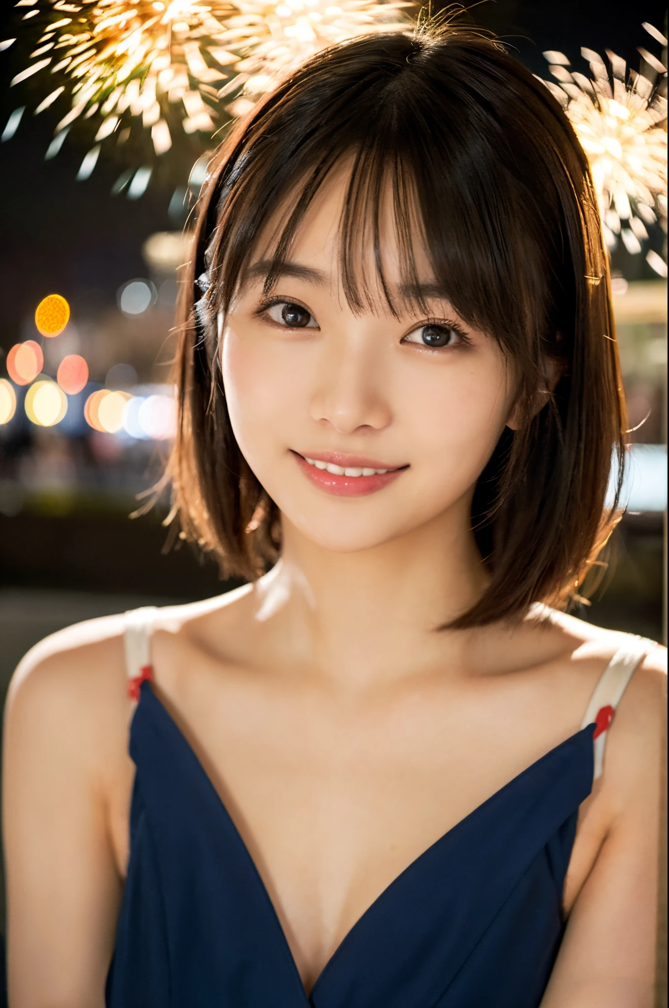 ulzzang -6500-v1.1, (Raw photo:1.2), (Photorealsitic), a beautiful detailed girl, (Real: 1.4), extremely detailed eye and face, ((Special Airoral Yukata:1.3))、((Fireworks in the background:1.2)), selfee, Instagram、game_nffsw, huge filesize, hight resolution, ighly detailed, top-quality, [​masterpiece:1.6], illustratio, ighly detailed, nffsw, finely detail, top-quality, 8k wallpaper, Cinematographic lighting, 1girl in, 17 age, perfect body type, cute droopy eyes beautiful big eyes、Pieckfinger, ((masutepiece)), Best Quality, eye shadow,  Portrait, ((FULL BODYSHOT:1.4))、(Very affectionate smile:1.2)、realistic skin textures、shinny skin、