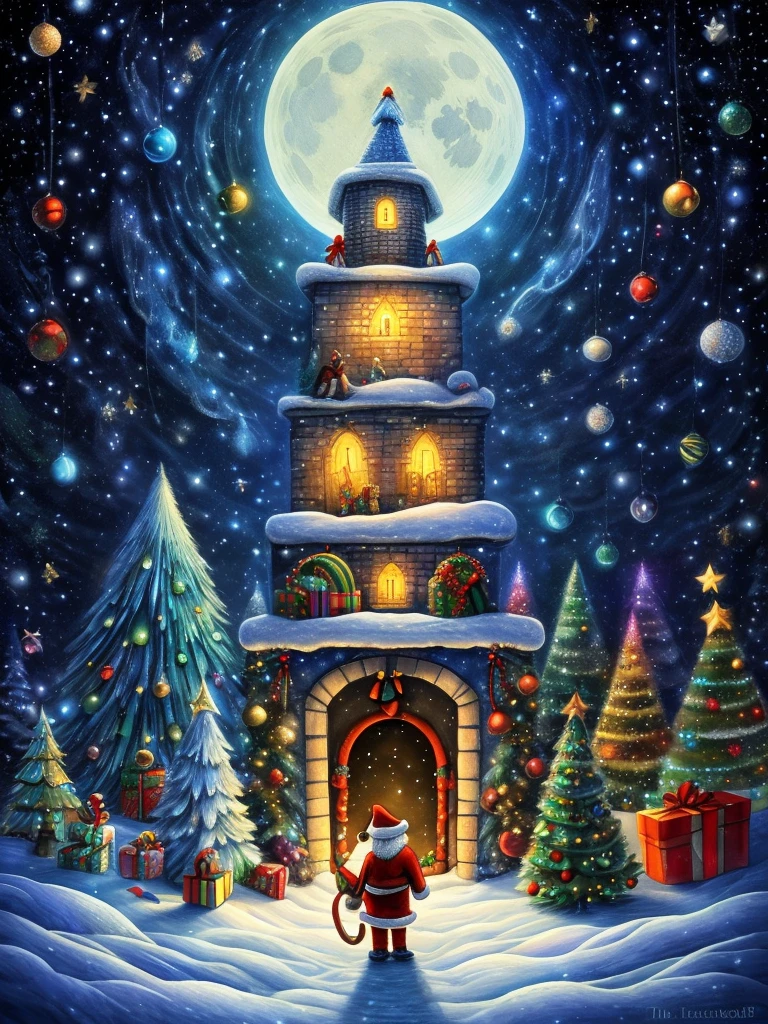 Best quality at best, 8K, A high resolution, tmasterpiece:1.2), ultra - detailed, (actual, realistically:1.37), Vibrant colors, magical ambiance, Whimsical, glittery,Fantasy Christmas World,(Christmas in the style of Van Gogh), themoon,(Snowy night in Christmas town),(((Cute Santa Claus holding list and bag of gifts, Stand on the roof,Trying to climb into the chimney))),((robin standing on head)),((Christmas tree,Confectionery,Cane sugar,Christmas gifts, Christmas snowman)), and decorations, Cute design style, natta,Skysky,moon full,Shown in this beautiful scene, Surreal, Psychedelic, Complicated details, Beautiful texture, Ethereal, like a dream, Soft glowing light, Charming Patterns, fantastical creature, Hidden surprises, dreamlike landscapes, Surreal color palette, Mystic aura, hyper realisitc, Enchanting journey, psychedelic trip, vivid imagination, immersive experience, mysterious creature, otherworldly charm, glowing paths, Light up a dreamy and wonderful Christmas, surreal sky, Whimsical Christmas elements, a magical encounter,Fascinating artwork