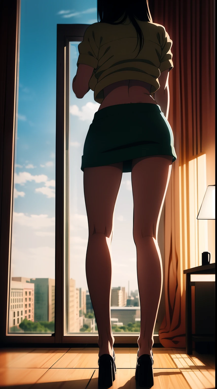 Hyper-realistic super detailed sexy Mitsuri Kanroji, NSFW, muy detallado, expresiones faciales sexys, Detail of seductive facial expression.: 1.4): 0.4], 16K resolution, 4k-resolution, dynamic  lighting, high-definition resolution, (pose sexy, Attractive position), (hiperrealista: 1.4), (Luz de fondo: 1.2), (Luz solar: 1), (altura completa: 1.8),(fondo contrastante: 1.5), (Hyperrealistic arm anatomy), (hyperrealistic leg anatomy), (Piel limpia), (Cinematic lighting: 1.7), (intimo), (Tecnología NVIDIA RTX Ray Tracing), (Perfect flat stomach), (Imagen en color),Create a 4K resolution, ultrarrealista, y obras de arte extremadamente detalladas que muestran a un CEO de Mitsuri Kanroji en un entorno de oficina corporativa con un estilo provocativo. Mitsuri Kanroji, el personaje central de la obra de arte., Conocida por su presencia imponente y su apariencia audaz. Ella se para frente a una gran ventana de vidrio de una oficina moderna que ofrece una vista del paisaje urbano..

 ((Mitsuri Kanroji (Asesino de demonios))), una chica con el pelo largo degradado de color verde rosado y ojos verdes, cabello verde, Cabello degradado, cabello multicolor, Cabello largo. Sha tiene una presencia imponente. Tiene una silueta provocativa pero profesional, con un traje de negocios entallado que resalta sutilmente su figura. Su maquillaje atrevido, with striking red lips and a look that demands attention.

She dressed provocatively,  A bold fashion statement. leotardo de colores brillantes, un toque de glamour a su apariencia general. shy and weak smile