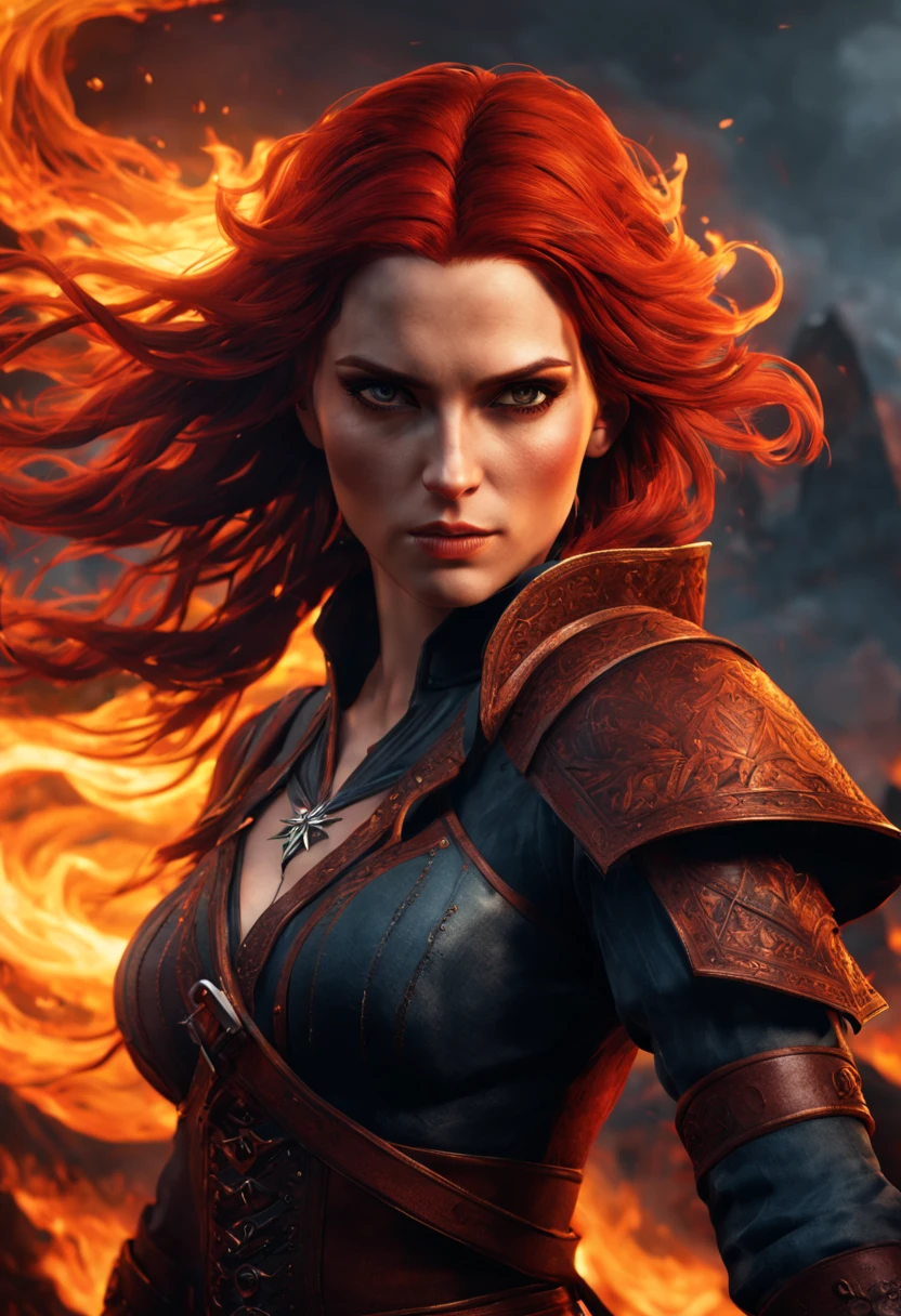 triss merigold,witcher 3 character,lava mountain,burning lava,floating embers,fire sparks,magical flames,glowing hands,casting a spell,concentration,focused,wind blowing her hair,determined expression,red hair flowing,elegant posture,beautiful detailed eyes,beautiful detailed lips,extremely detailed eyes and face,long eyelashes,fiery background,fierce atmosphere,powerful magic,high fantasy setting,adventurous,sorceress energy,enchanting light,realistic,photo-realistic:1.37,(best quality,4k,8k,highres,masterpiece:1.2),ultra-detailed,HDR,studio lighting,professional,vivid colors