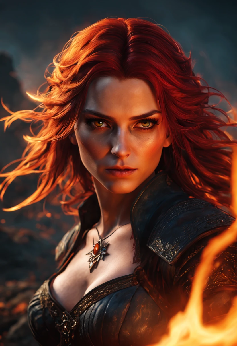 triss merigold,witcher 3 character,lava mountain,burning lava,floating embers,fire sparks,magical flames,glowing hands,casting a spell,concentration,focused,wind blowing her hair,determined expression,red hair flowing,elegant posture,beautiful detailed eyes,beautiful detailed lips,extremely detailed eyes and face,long eyelashes,fiery background,fierce atmosphere,powerful magic,high fantasy setting,adventurous,sorceress energy,enchanting light,realistic,photo-realistic:1.37,(best quality,4k,8k,highres,masterpiece:1.2),ultra-detailed,HDR,studio lighting,professional,vivid colors