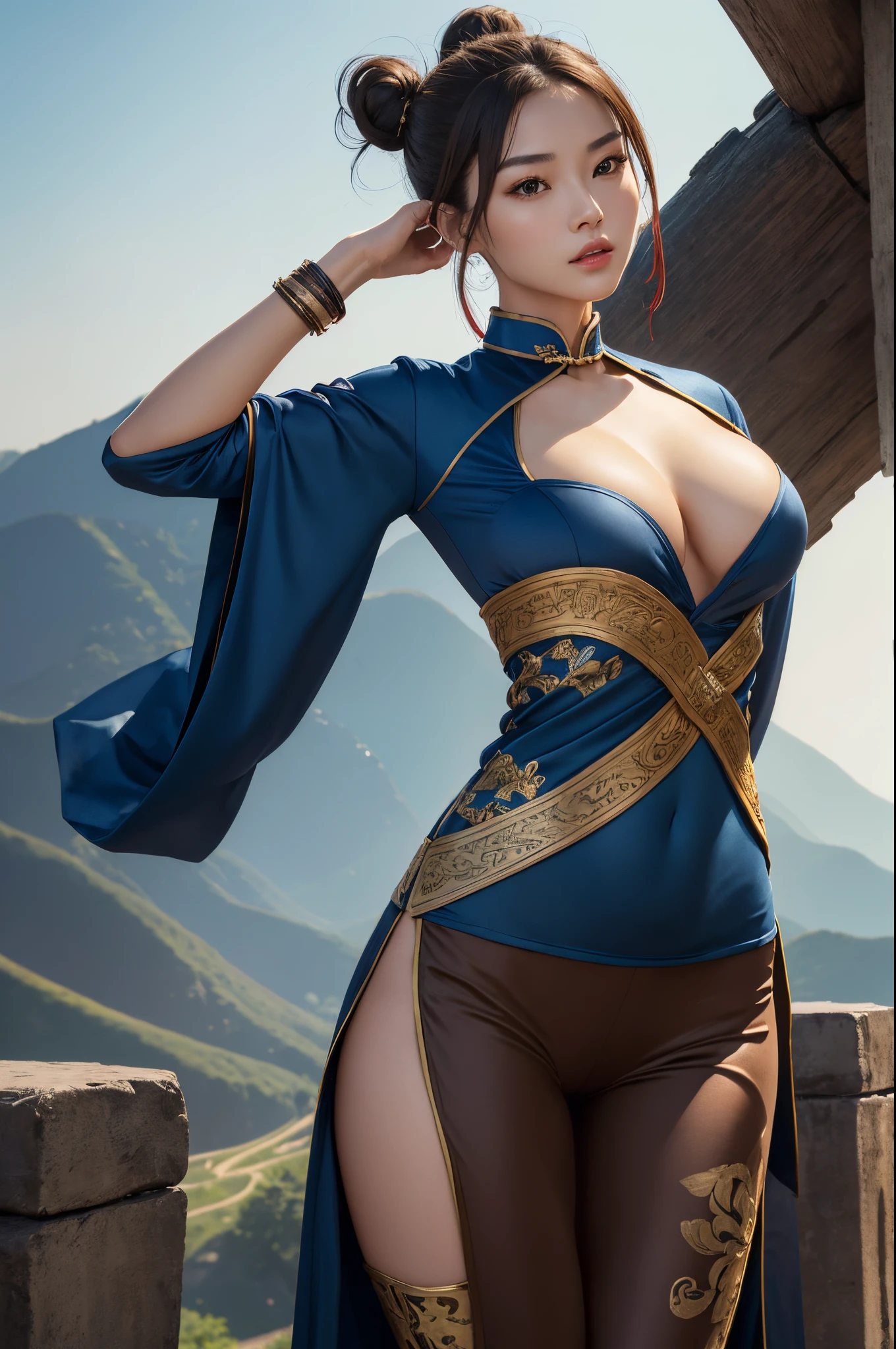 8K,Masterpiece,Woman in her 20s, Chunlim, (Perfect face), Defined jawline, Beautiful brown eyes, Beautiful lips, (short brown hair, Hair bun, Double bun), (Perfect Handle Chinese Dress Fessum), Tight blue track pants, Spiky bracelet, (Vertical split pose), Looking at Viewer, (medium-full shot), Realistic, Sexy possessions、(((Richly decorated with costumes)))、Kick Open Pose、Farbe々Variation Pose、Navel Ejection、Chinese landscape background,cleavage of the breast,