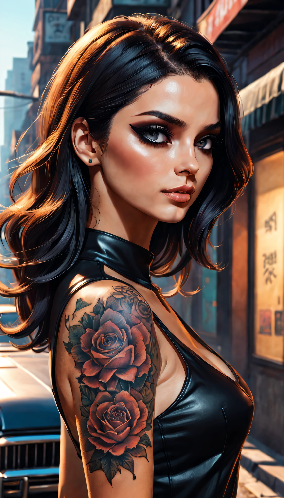 GTA STYLE,Grand Theft Auto ,heroineashion accessor、(shotgun)、The Car,the city street,shadows and highlights,hight contrast,crime and danger、Tension and suspense、Reflections on the avant-garde and the low ebb、Shady、retro artstyle、evocative composition,(extremely detaild的 CG unified 8k wallpapers),(tmasterpiece), (Best quality), (ultra - detailed), (Best Best Illustration),(The best shadow), (Sharp eyeliner, eye shadows, 詳細な目:1.1),(Tattoos are)。