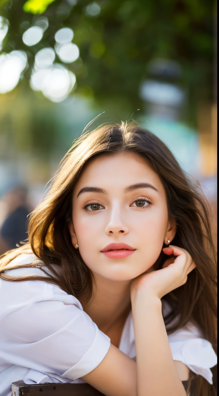 (best quality,4k,8k,highres,masterpiece:1.2),ultra-detailed,(realistic,photorealistic,photo-realistic:1.37),A girl in an outdoor cafe, streetview,potted,illustration,beautiful detailed eyes,beautiful detailed lips,casual fashion,relaxed pose,dazzling sunlight,peaceful atmosphere,vibrant colors,bokeh,soft lighting