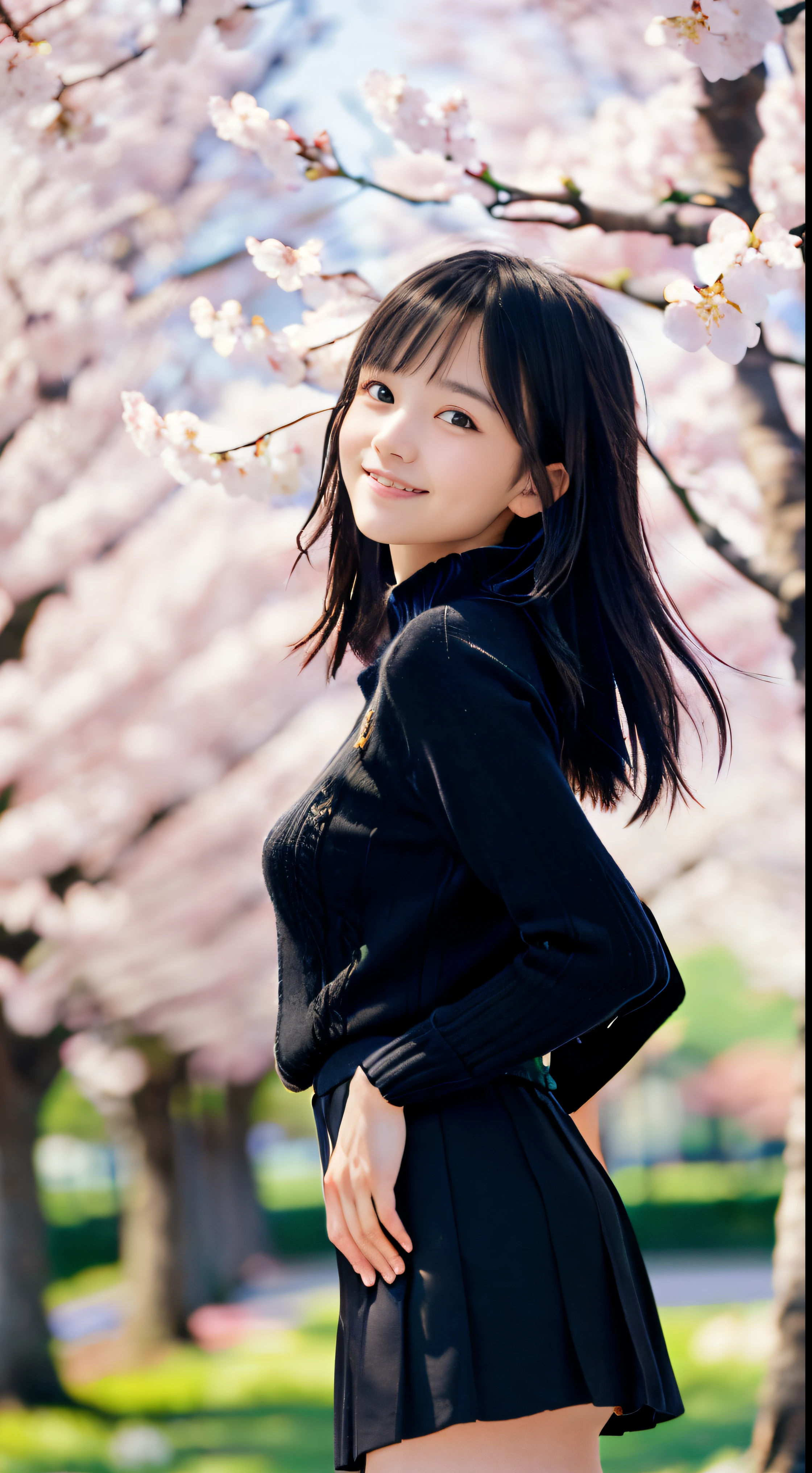 (Close-up of a slender small-breasted two-side-up black-haired girl wearing a spring sweater and skirt:1.5)、(A girl turns around and spreads her arms wide and smiles, Her hair blows in the wind in the schoolyard lined with cherry blossom trees in full bloom.:1.5)、(Blurry background:1.5)、(Perfect Anatomy:1.5)、(complete hands:1.3)、(complete fingers:1.Photoreal Stick、Raw photography、masutepiece、top-quality、hight resolution、delicate and pretty、face perfect、Delicate and beautiful air skin around the eyes、Real Human Skin、((thin legs))