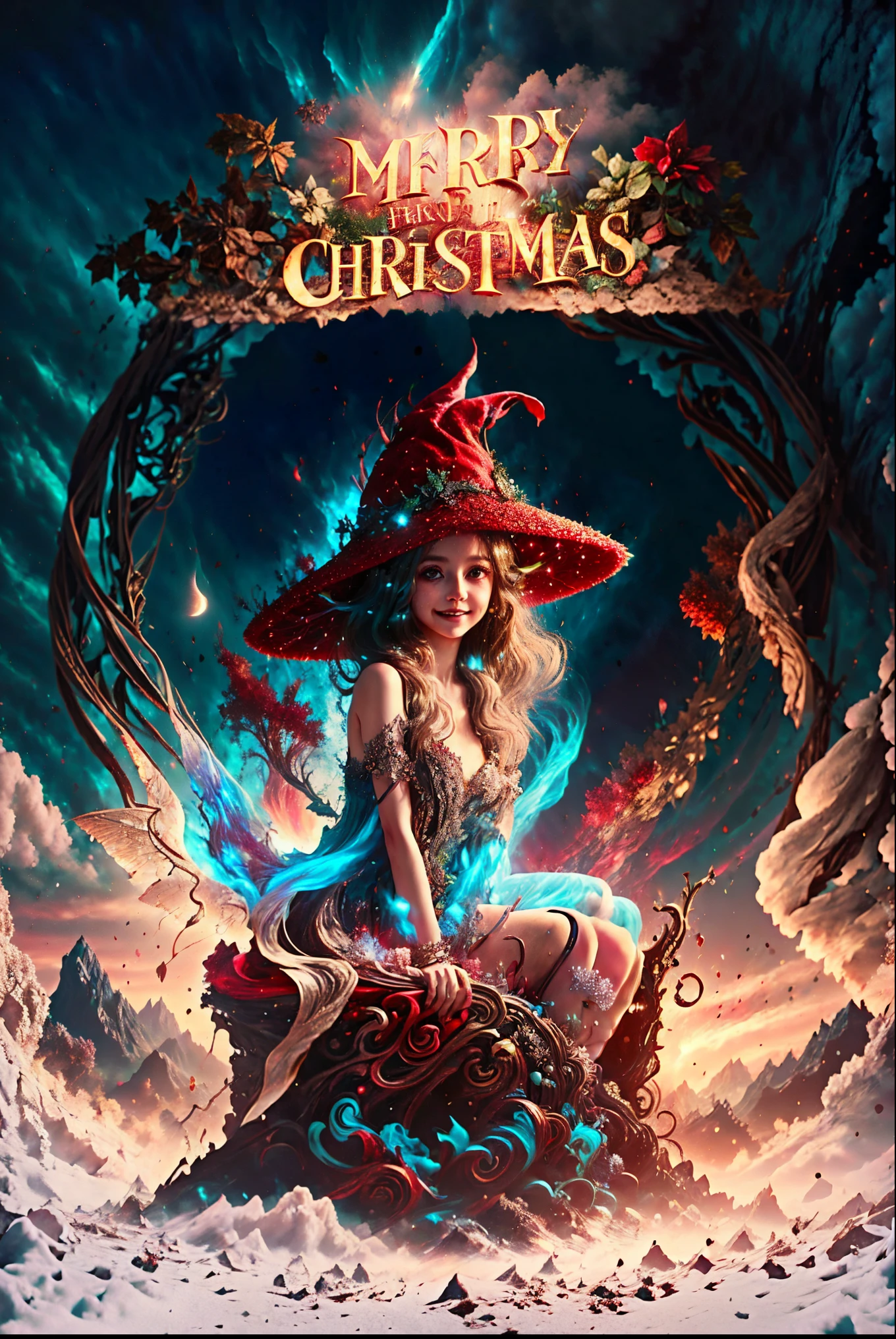 Merry Christmas card,There a girl sitting on the gift, little elf girl,Smiling girl, Elf Girl, Elf Girl, christmas, Pixie tomboy, lamplight!, girl, A little elf, Red dress and magic witch hat, Children's book illustration, lamplight, natta!, Christmas Eve, There are several elk flying in the sky behind:1.3,cover illustration, colorful illustrations, female elf, fairies