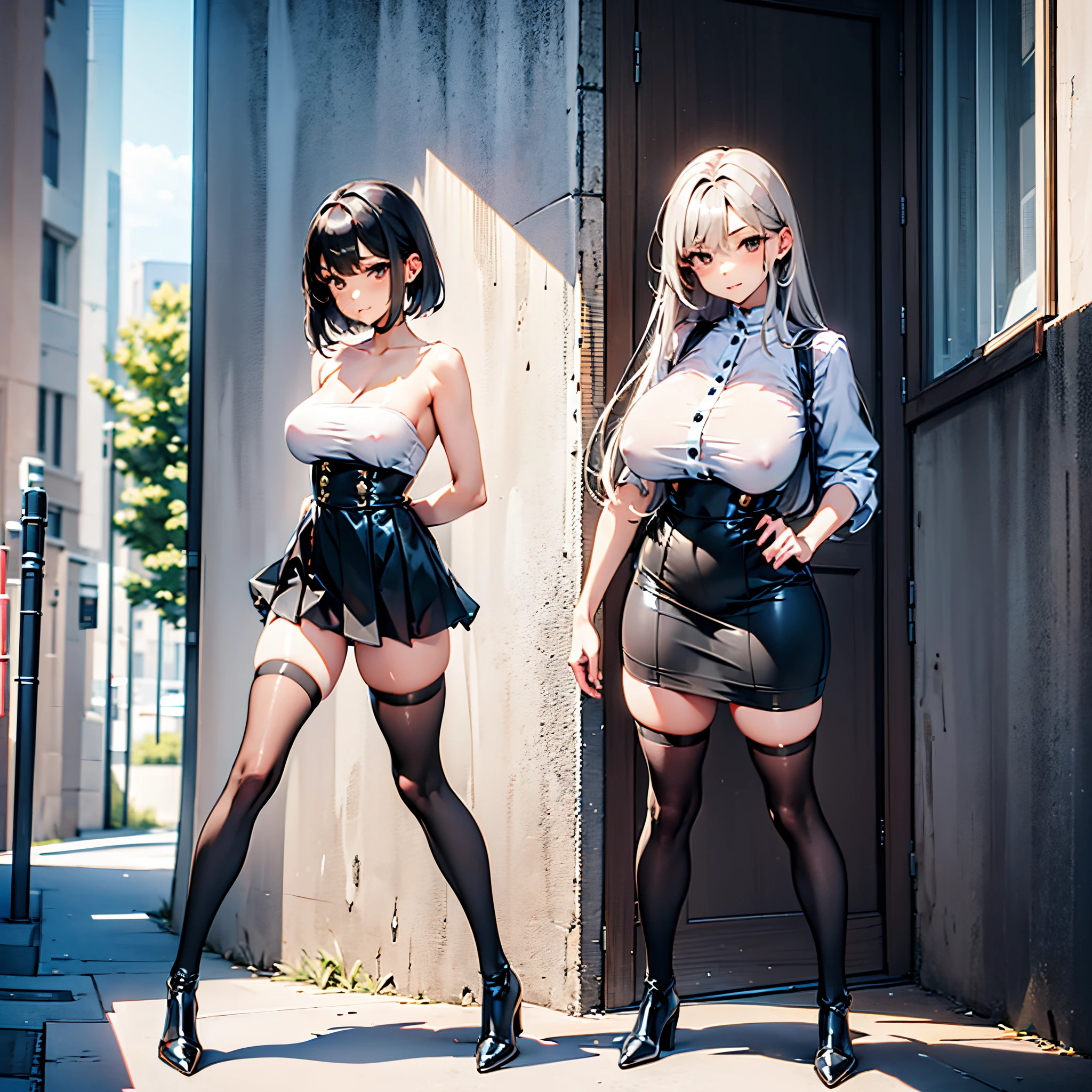 (solo:2.0), (1 thin girl standing with open thin long legs wide:1.8), (open thin legs wide:1.5), (thin thighs:1.3), legs apart, BREAK, (short torso:1.5), (large perky breasts:1.3), (thin waist:1.2), BREAK, (very short high-waist skirt:1.3), (long black thighhighs:1.4), highheels, (pigeon toed:1.2), arms behind back, BREAK, (full body:1.2), masterpiece, ultra-detailed