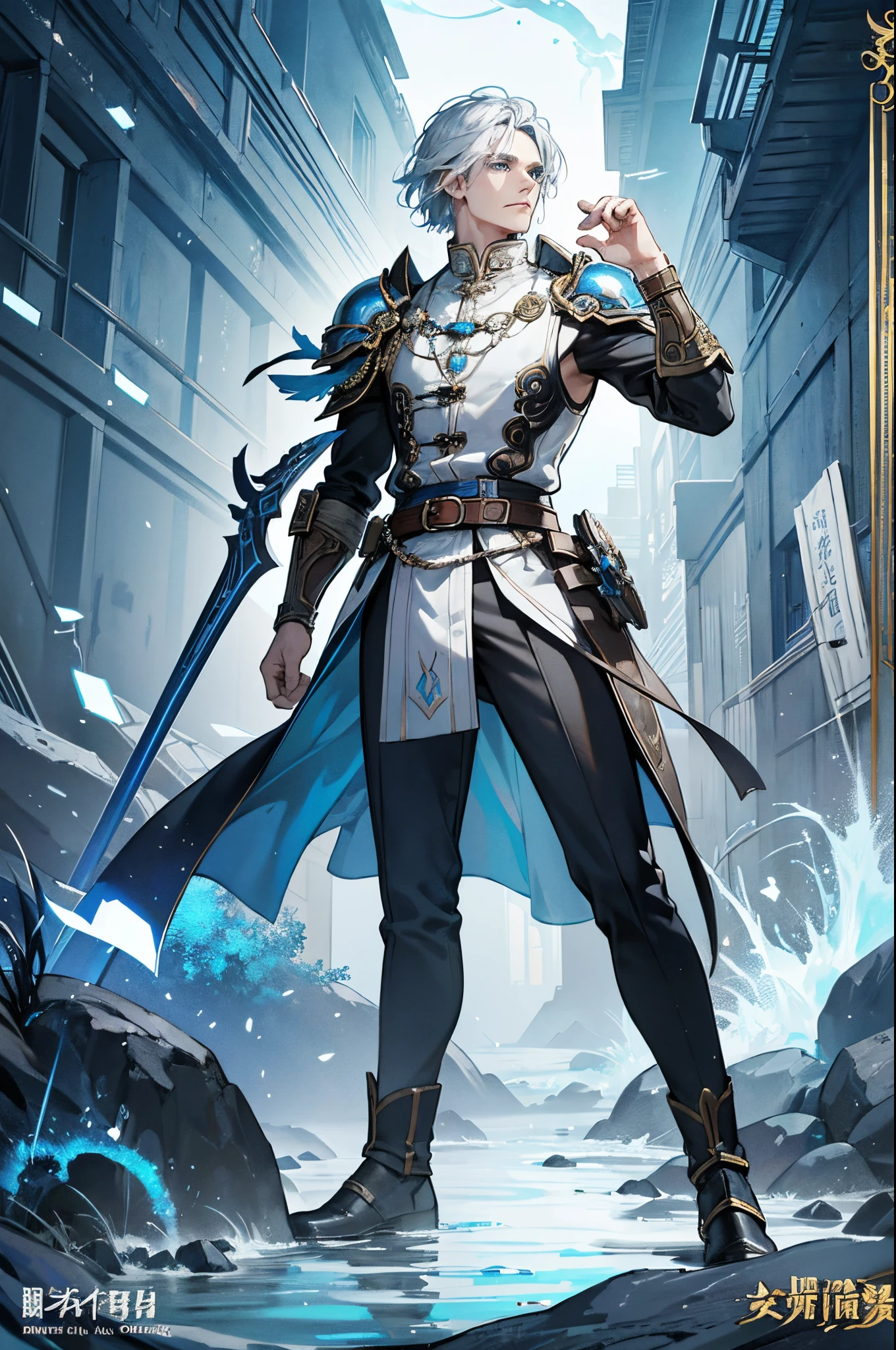 (Best Quality Detailed Images Beautiful Images 8K Photorealistic Theatrical Lighting 1:1) (Digital art digital illustration) (Camera focuses on face) (cool dim lighting) Art comics 29-year-old man very handsome, white hair, blue clothes, blue eyes (Sharp eyes, cold expression, perfect face, perfect lines) Walk through a chaotic dystopian environment,white color hair,eBlue eyes,Dressed in blue, Gray-black pants,Official character art, ( ( concept art of character ) ), 《first god》Ke Qingyu, full body concept art, botw style, casimir art, full body character concept art, detailed full body concept art, JRPG character art, human male character art,There are bronzing patterns on the clothes,shaped like thunderbolt,Gem-encrusted wristband,Available in silver and blue casing.,Jeweled belt,There are hanging ornaments on the legs,The pants feel tattered,like going through a battle..,Noble temperament,Shoulder armor silver blue lightning pattern.,Wear a lightning-shaped necklace,stand posture,Chinese-style figures