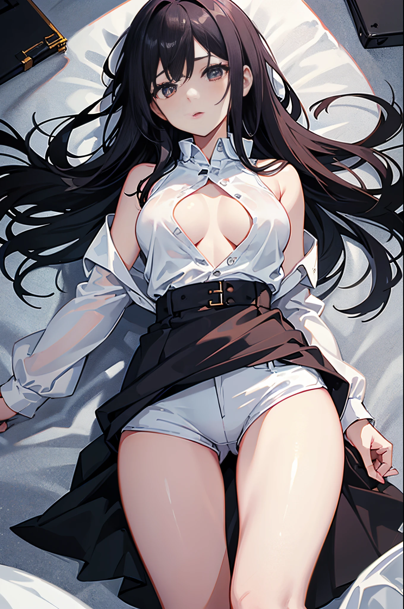that daughter,White top,A beautiful face,tmasterpiece,bright, ,Long black hair showing skin,Mini shorts,Eyes full of cold reality,F-cup(According to the following),(Thigh thick:1.0)The bottom half