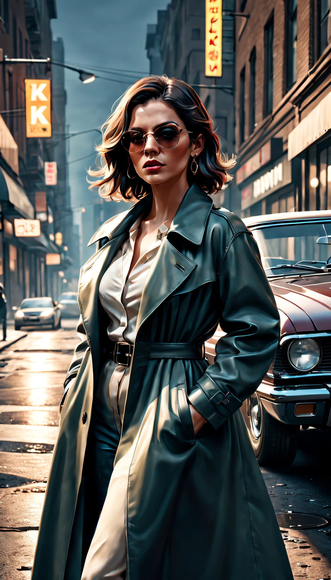 GTA STYLE,Grand Theft Auto ,heroineashion accessor、(shotgun)、wind coat,The Car,the city street,shadows and highlights,hight contrast,crime and danger、Tension and suspense、Reflections on the avant-garde and the low ebb、Shady、retro artstyle、evocative composition。(Best quality at best,4K,8K,A high resolution,tmasterpiece:1.2),ultra - detailed,(actual,realisticlying,Photorealistic:1.37),(Tattoos are)。