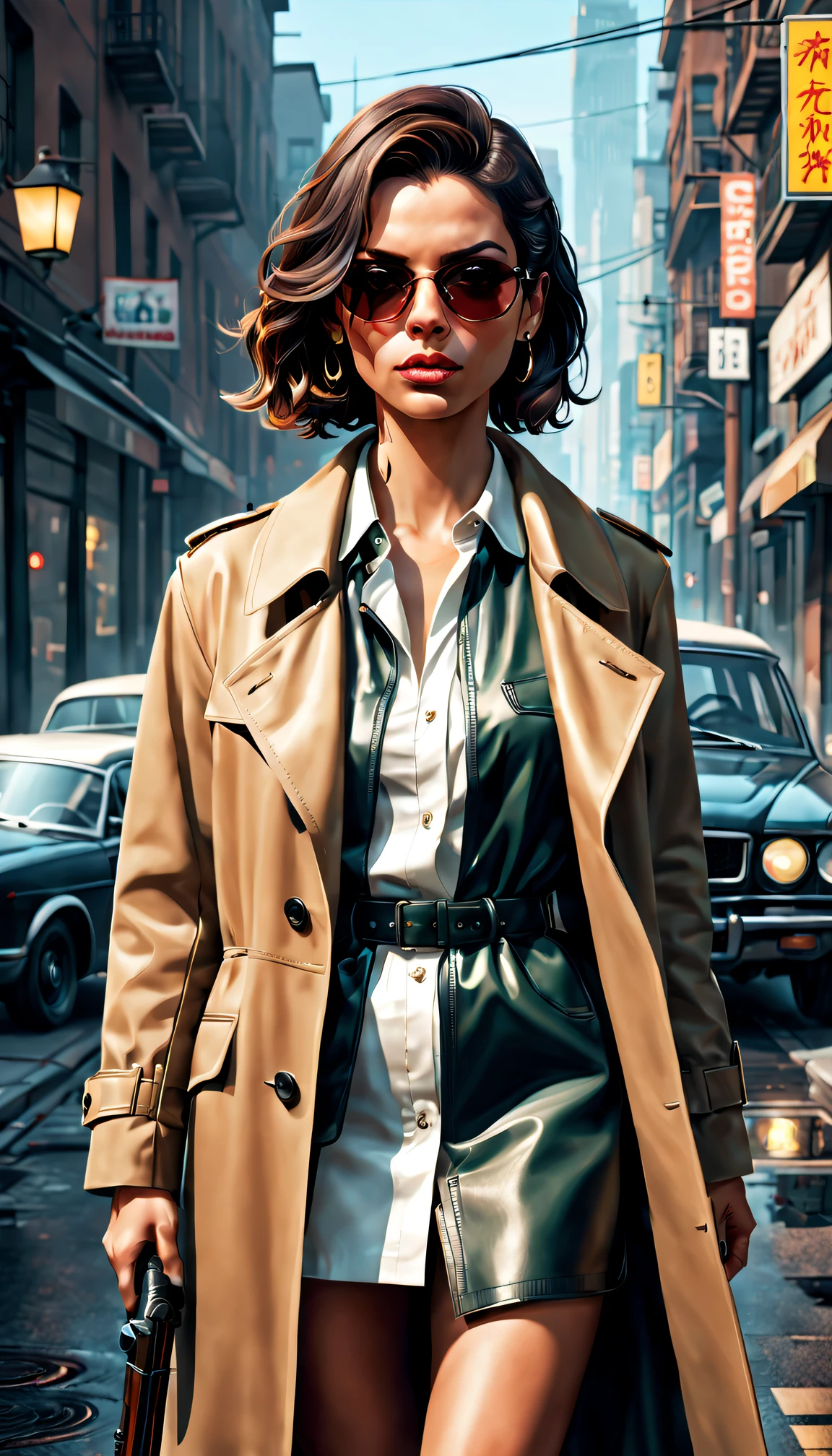 GTA STYLE，heroineashion accessor，Dangerous weapons，The Car，the city street，shadows  and highlights，hight contrast，crime and danger、Tension and suspense、Reflections on the avant-garde and the low ebb、Shady、（retro artstyle），evocative composition，(extremely detaild的 CG unified 8k wallpapers),(tmasterpiece), (Best quality), (ultra - detailed), (Best Best Illustration),(The best shadow), (Sharp eyeliner, eye shadows),（rose tattoo）。