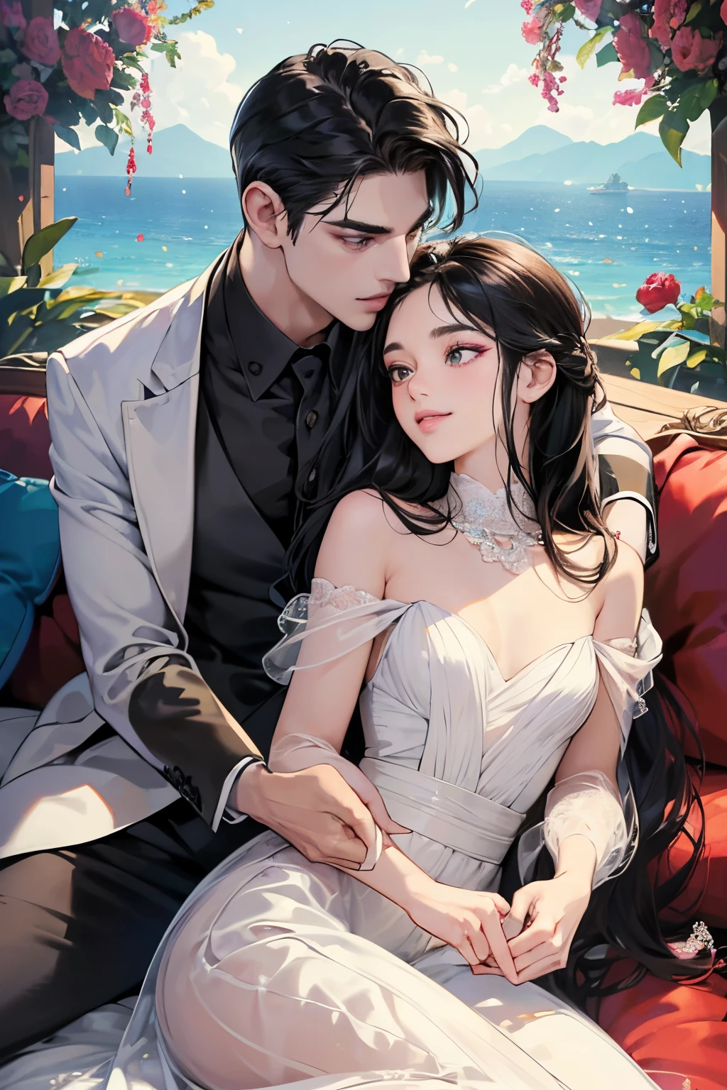 (masutepiece, Digital Art, Digital Illustration, 4K, 8K, Ultra-detailed, beautiful image, Sharp Image, Photorealistic, Raw photo, Perfect face, Perfect lines, Perfect eyes, Soft lighting) ,1 woman, (Long Black Hair,straight haired,Bullish gaze,Beautie,ellegance,Solid makeup,23 y-o woman,small tits:1.3),Two handsome men in suits, (ember,well-muscled,Firm shoulder width, Man's,Boyish hairstyle,English gentlemanly style,Man in his 30s with a cool expression,28-year-old man with bright smile:1.2),Show white teeth and smile(embarrassed from,Shy smile:1.1),A garden full of light、The fountain、Resort Sofa、colorful flower、innocent smiles,Laugh、couple kissing、kiss、the kiss、Romance、Mermaid line wedding dress rose bouquet、