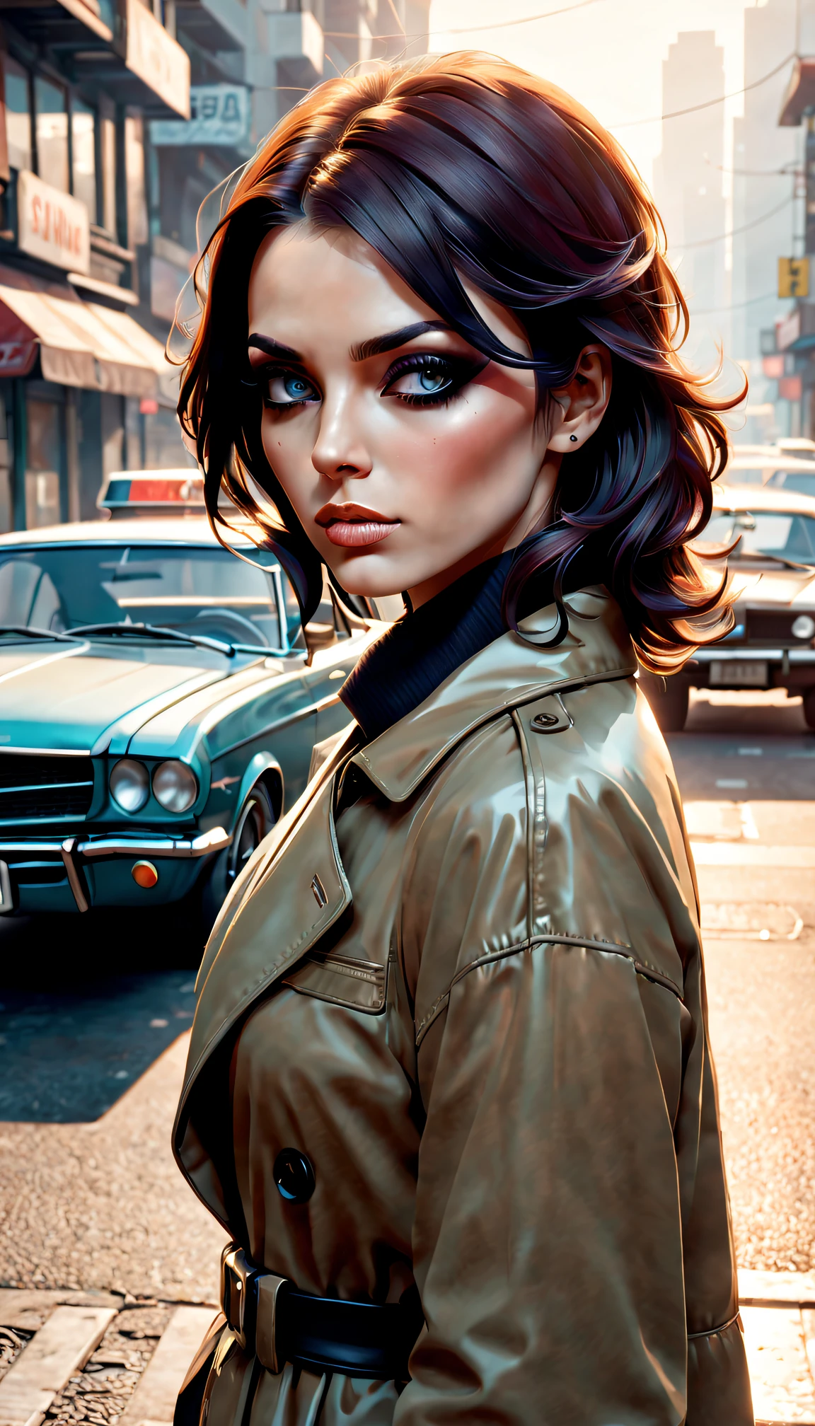 GTA STYLE，heroineashion accessor，Dangerous weapons，The Car，the city street，shadows  and highlights，hight contrast，crime and danger、Tension and suspense、Reflections on the avant-garde and the low ebb、Shady、（retro artstyle），evocative composition，(extremely detaild的 CG unified 8k wallpapers),(tmasterpiece), (Best quality), (ultra - detailed), (Best Best Illustration),(The best shadow), (Sharp eyeliner, eye shadows),（rose tattoo）。