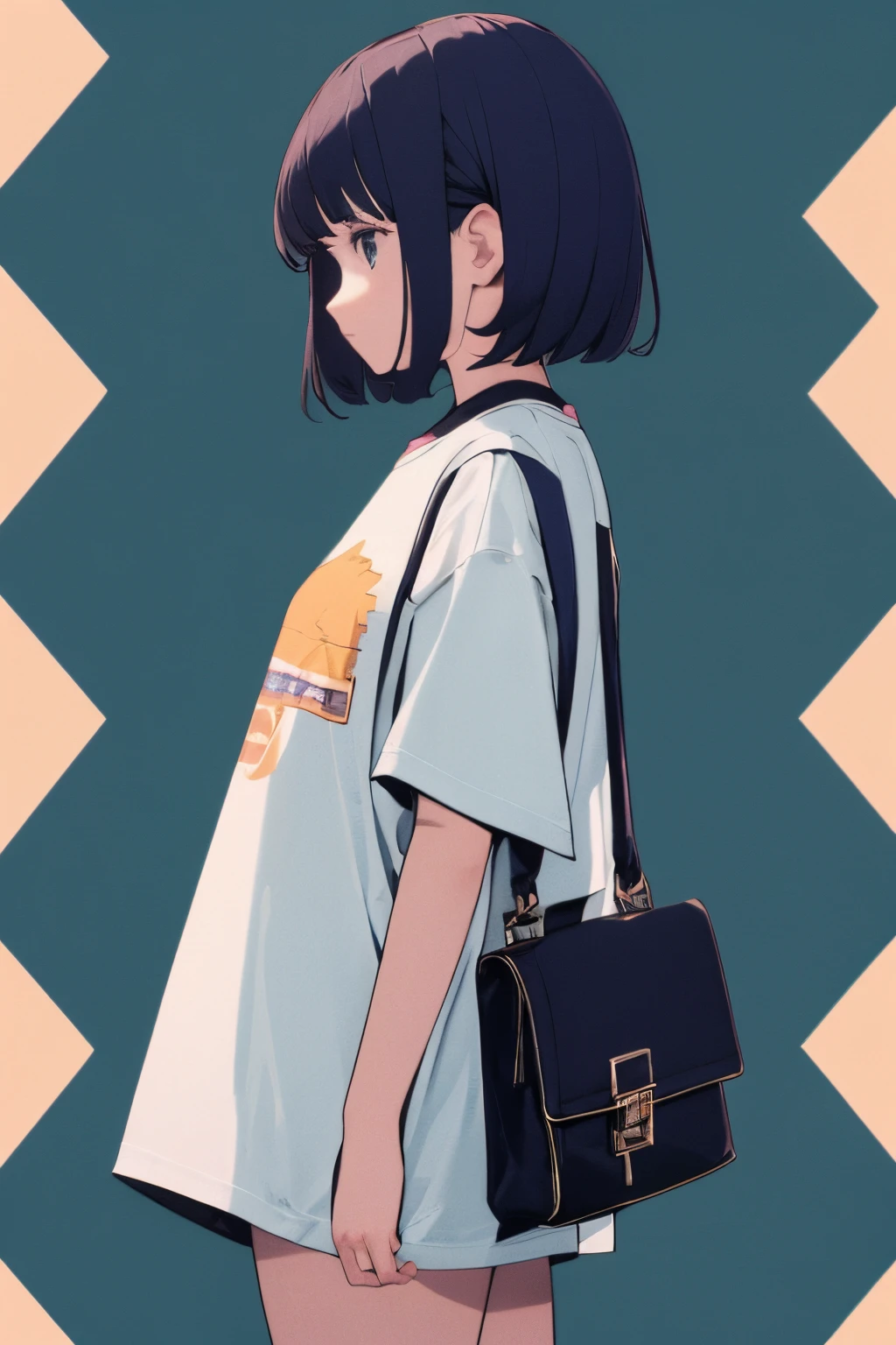 complex geometric pattern background、dark color、Cute little girl s、a short bob、Looking away、white baggyTThe shirt、printed shirt、loose-fitting clothes、Retro、top-quality、ultra-detailliert、High quality detailing