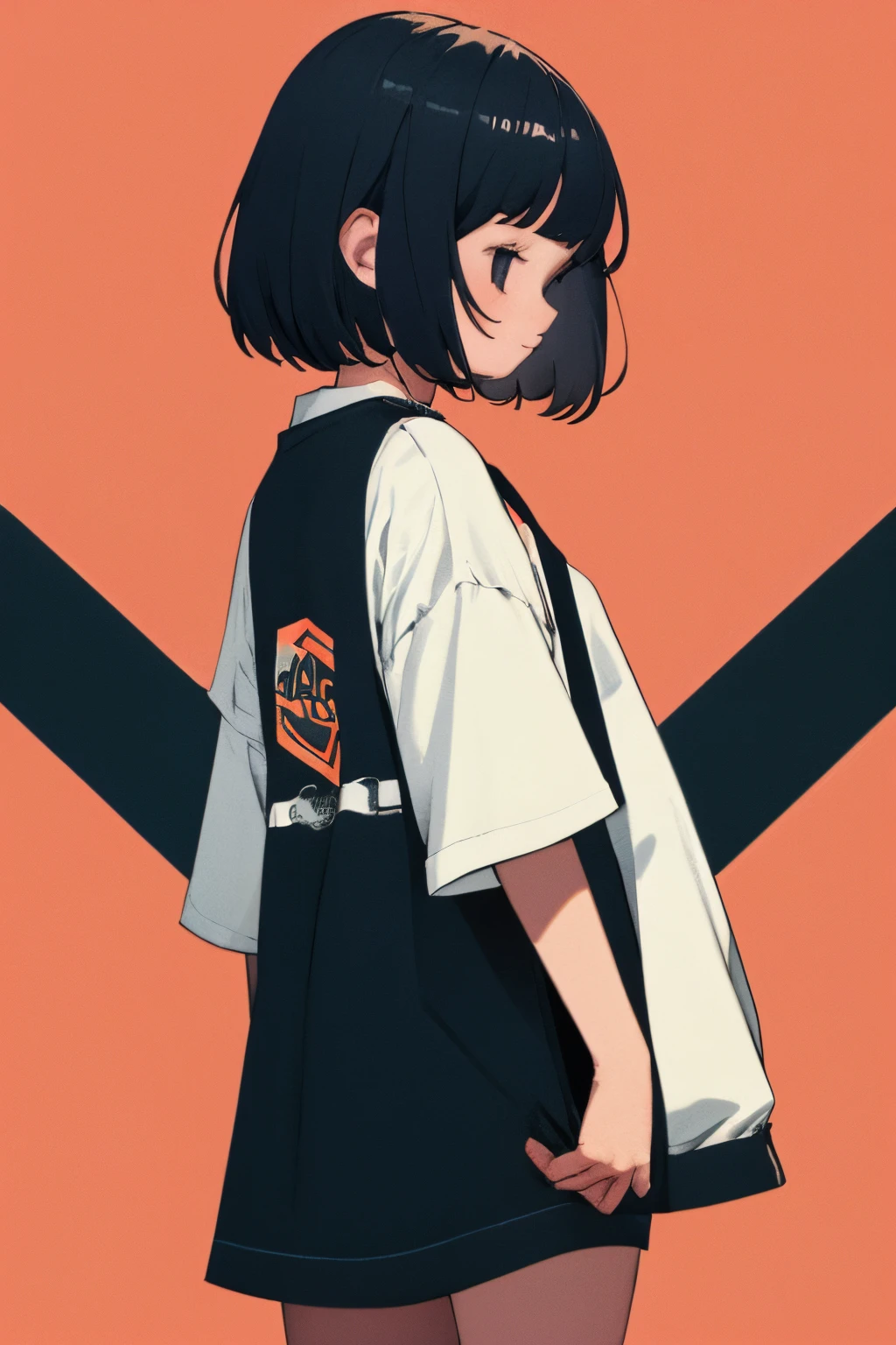 complex geometric pattern background、dark color、 s、a short bob、Looking away、white baggyTThe shirt、printed shirt、loose-fitting clothes、Retro、top-quality、ultra-detailliert、High quality detailing