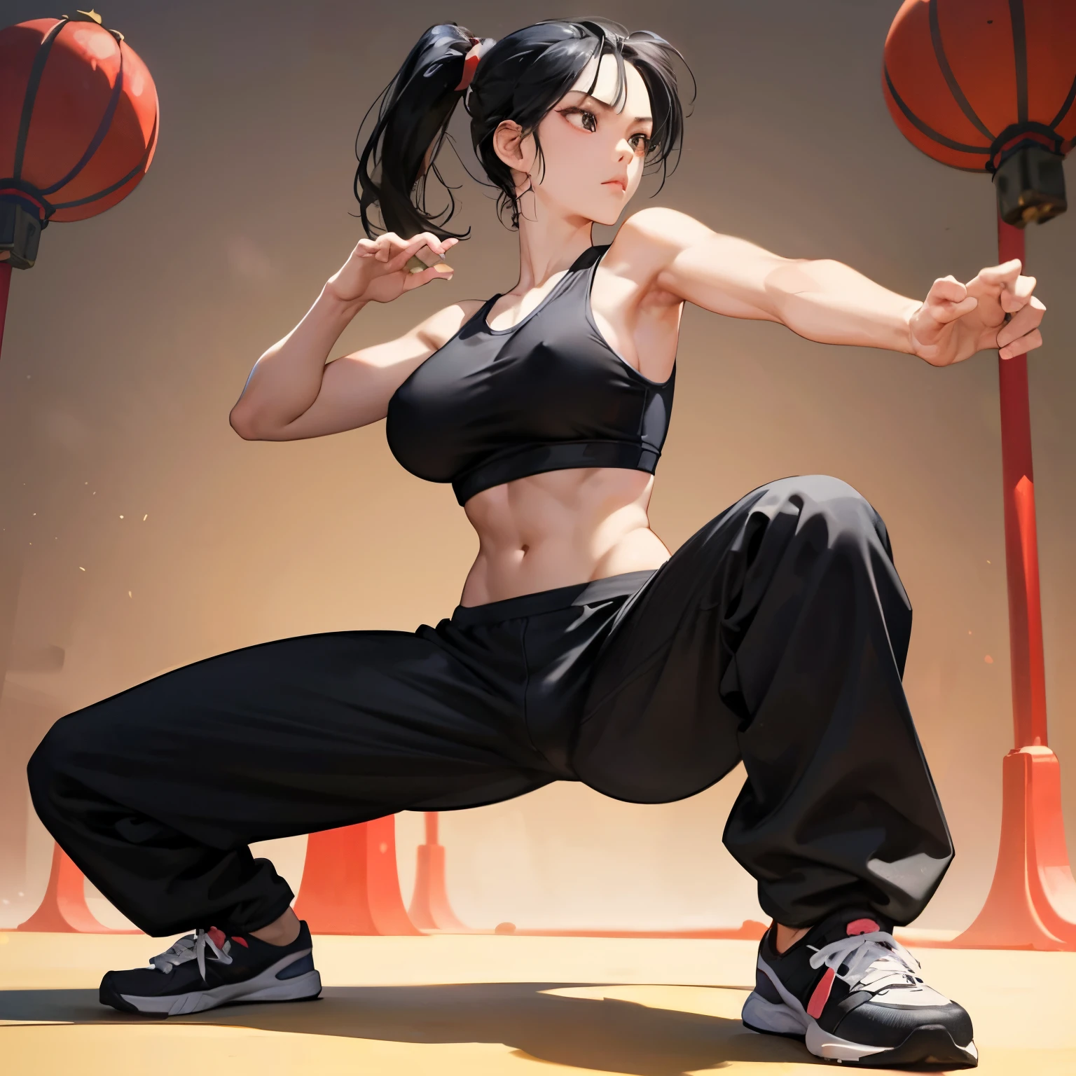 1girl in,e girl practicing tai chi,Black hair low ponytail,serious facial expression,tre anatomically correct,Precise fingers,Slender but big breasts,erectile nipple,white tank tops,Black Kung Fu Pants,Sports sneakers,In Chinatown,Active Poses and Angles,photorealisim,​masterpiece,hiquality,