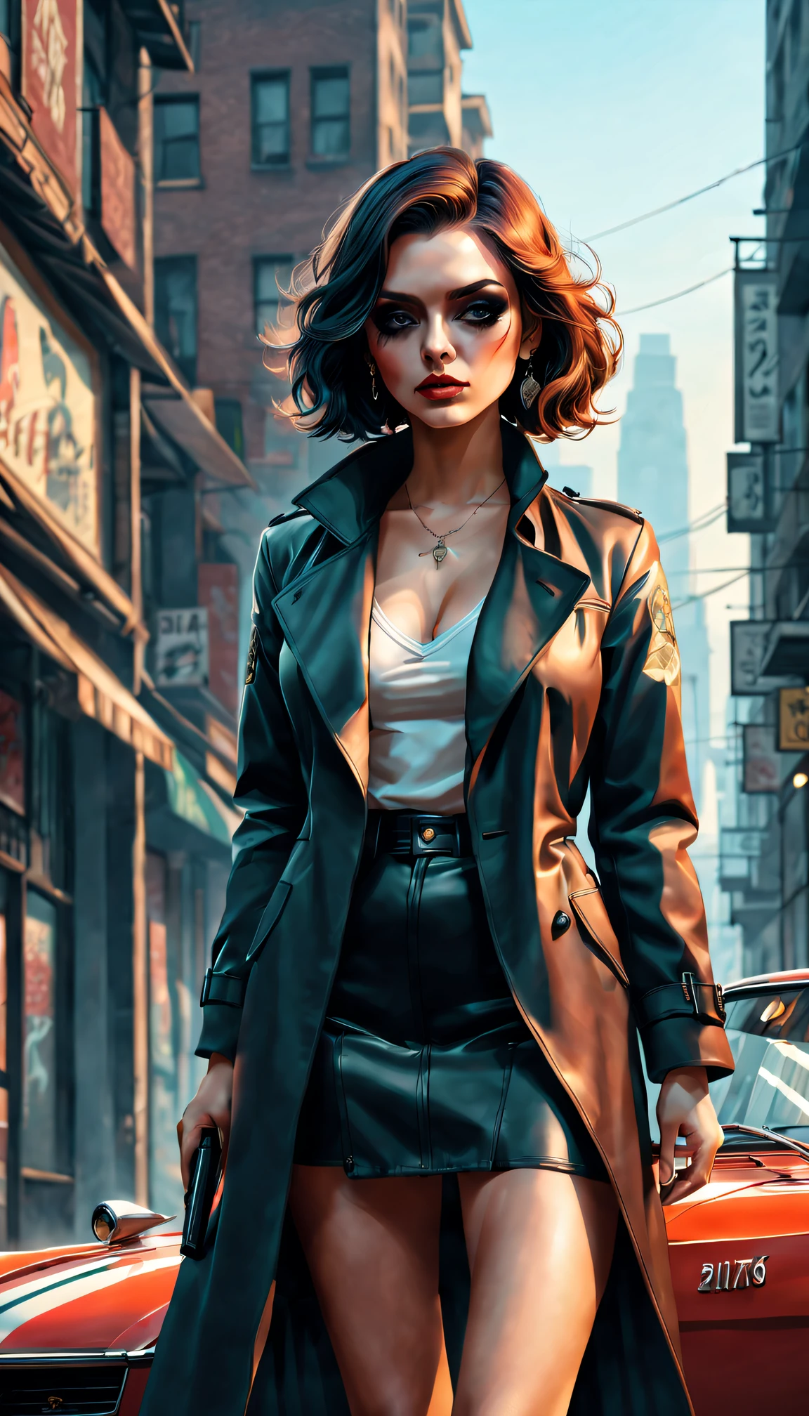 GTA STYLE,heroineashion accessor,Dangerous weapons,wind coat,The Car,the city street,shadows and highlights,hight contrast,crime and danger、Tension and suspense、Reflections on the avant-garde and the low ebb、Shady、retro artstyle、evocative composition,(extremely detaild的 CG unified 8k wallpapers),(tmasterpiece), (Best quality), (ultra - detailed), (Best Best Illustration),(The best shadow), (Sharp eyeliner, eye shadows),(Tattoos are)。