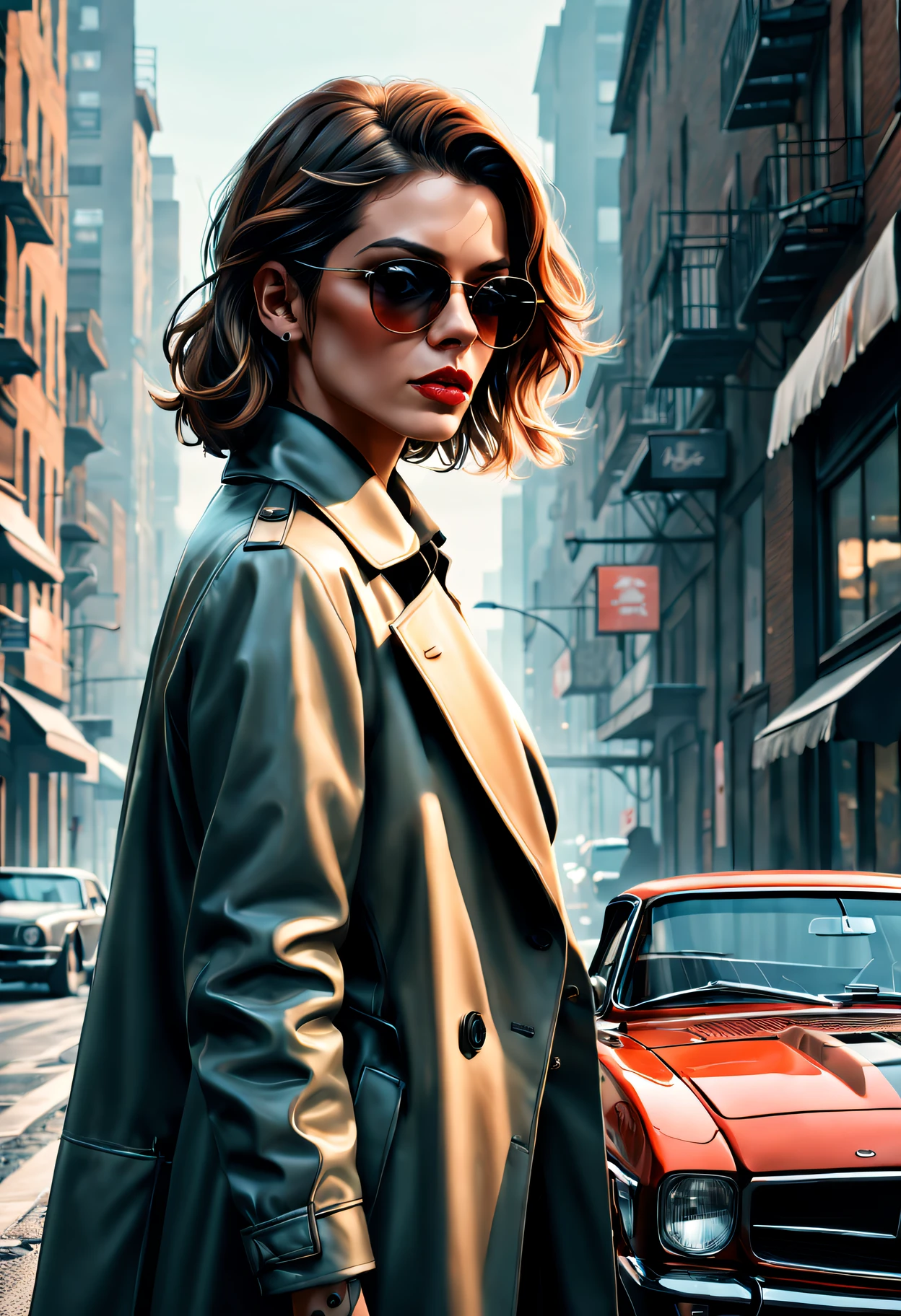 GTA STYLE，heroineashion accessor，Dangerous weapons，The Car，the city street，shadows  and highlights，hight contrast，crime and danger、Tension and suspense、Reflections on the avant-garde and the low ebb、Shady、（retro artstyle），evocative composition，(extremely detaild的 CG unified 8k wallpapers),(tmasterpiece), (Best quality), (ultra - detailed), (Best Best Illustration),(The best shadow), (Sharp eyeliner, eye shadows),（rose tattoo）。