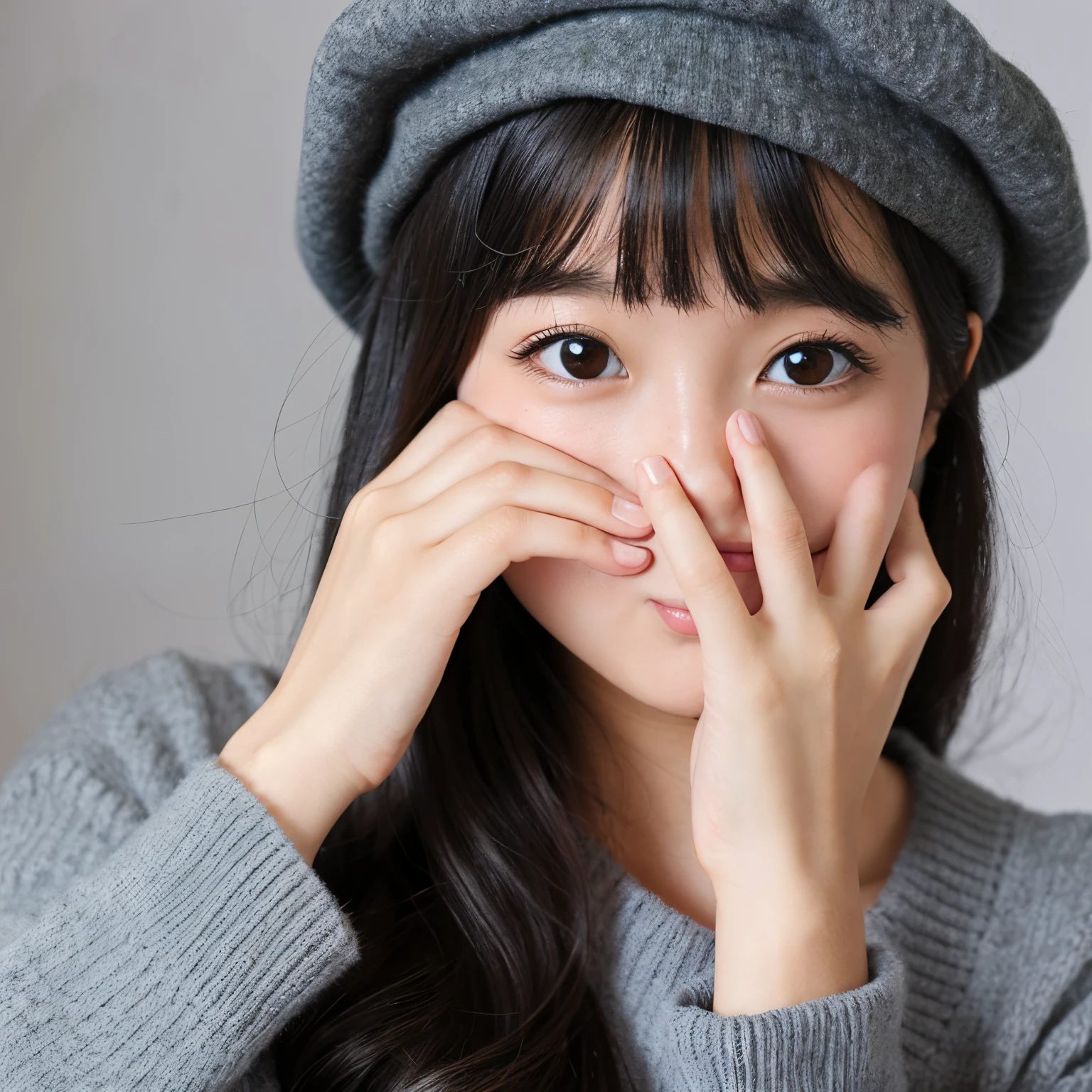 A girl with long black hair wearing a gray beret and covering her mouth with both hands looking surprised.