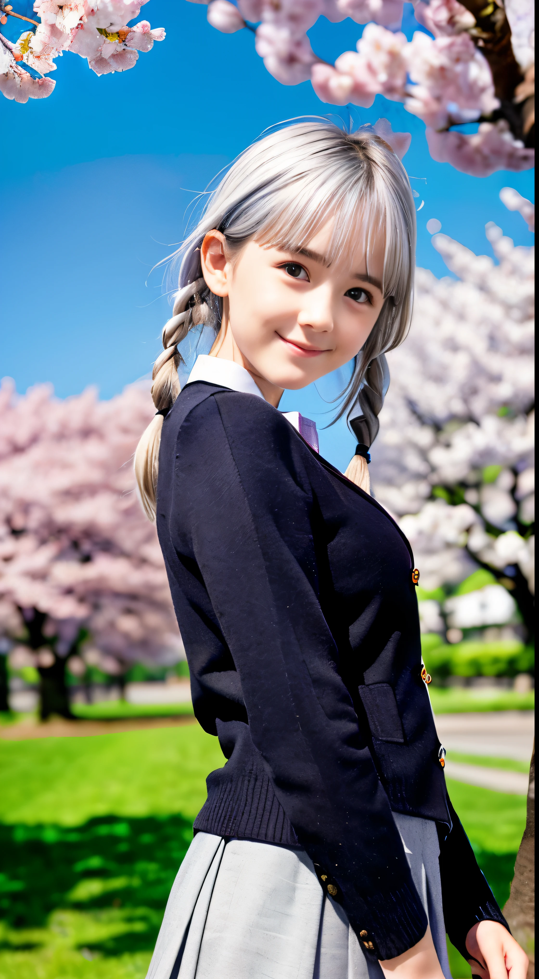 (wearing a spring sweater and skirt、Close-up portrait of slender small-breasted bright silver-haired girl with twin braids:1.5)、(A girl turns around and spreads her arms wide and smiles, Her hair blows in the wind in the schoolyard lined with cherry blossom trees in full bloom.:1.5)、(Blurry background:1.5)、(Perfect Anatomy:1.5)、(complete hands:1.3)、(complete fingers:1.3)、Photorealsitic、Raw photography、masutepiece、top-quality、hight resolution、delicate and pretty、face perfect、Beautiful detailed eyes、Fair skin、Real Human Skin、((thin legs))