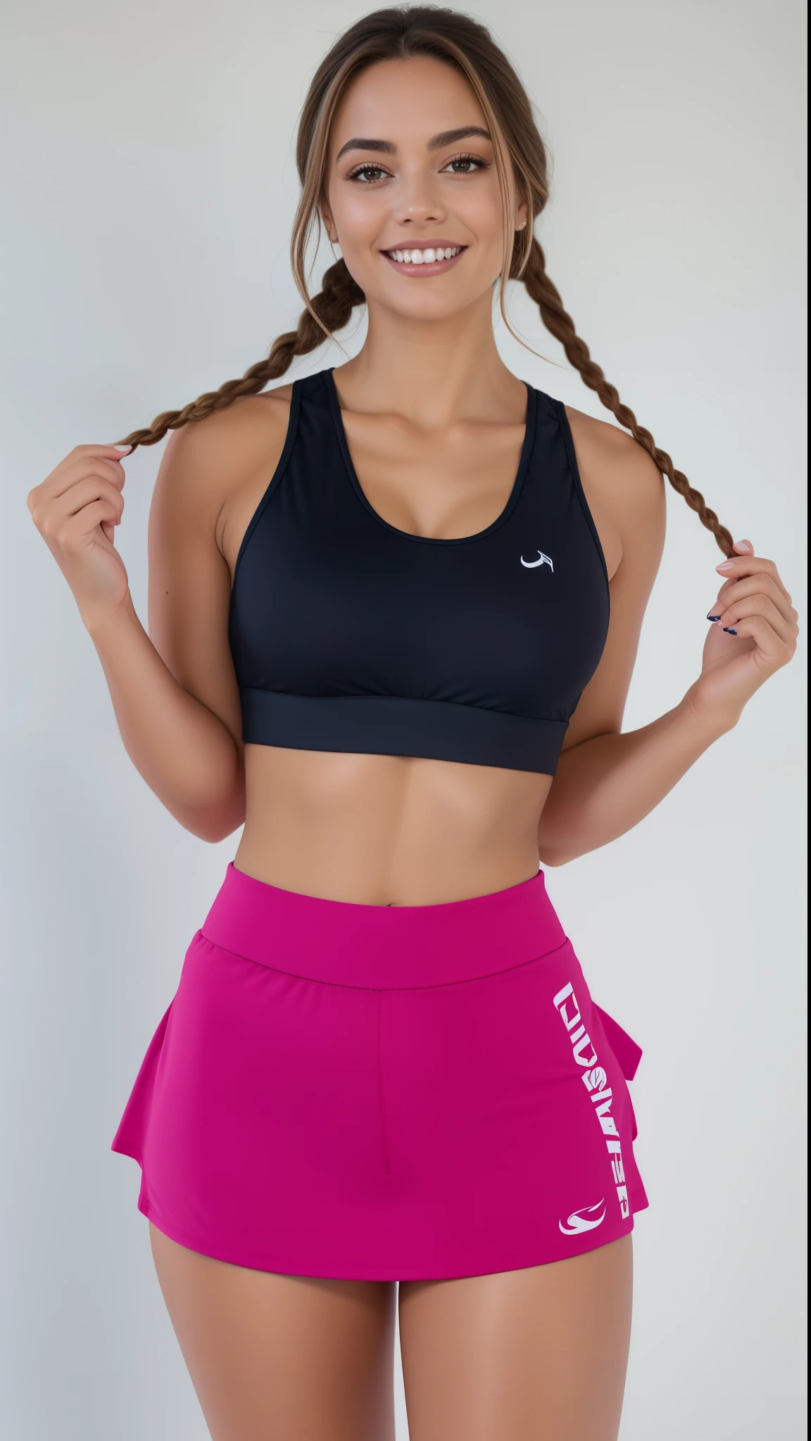 um close up de uma mulher de (((saia rosa))) posando para uma foto, sport bra and skirt , two piece workout clothes, detailed sports bra, sports bra, Esporte bom, brassier, topo de cabresto preto, top de cabresto rosa quente, usando uma regata preta cropped, usando uma regata cropped preta, topo de corte, sport bra and skirt, Topo de colheita, Titular Top