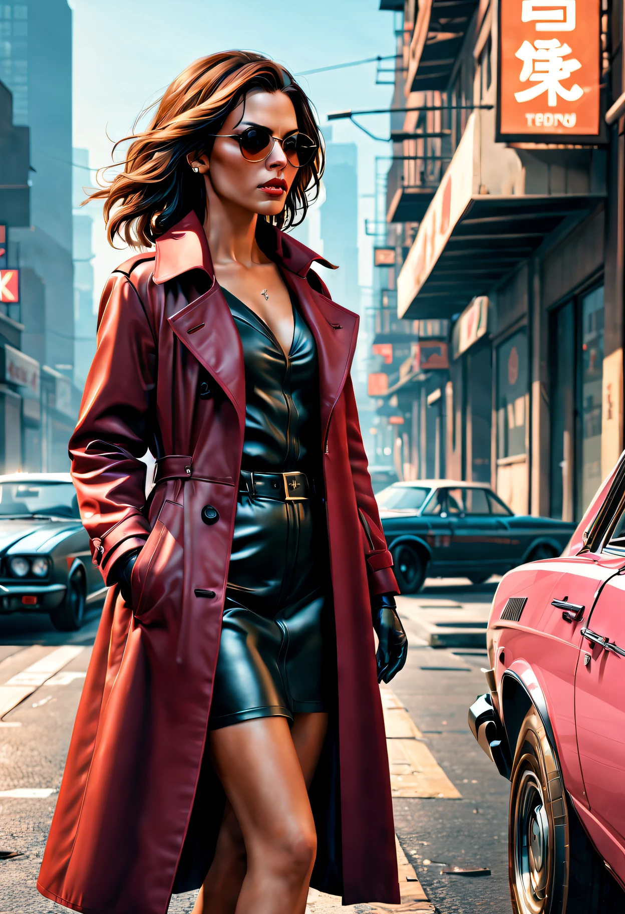 GTA STYLE，heroineashion accessor，Dangerous weapons，The Car，the city street，shadows  and highlights，hight contrast，crime and danger、Tension and suspense、Reflections on the avant-garde and the low ebb、Shady、（retro artstyle），evocative composition，(extremely detaild的 CG unified 8k wallpapers),(tmasterpiece), (Best quality), (ultra - detailed), (Best Best Illustration),(The best shadow), (Sharp eyeliner, eye shadows),（rose tattoo）。