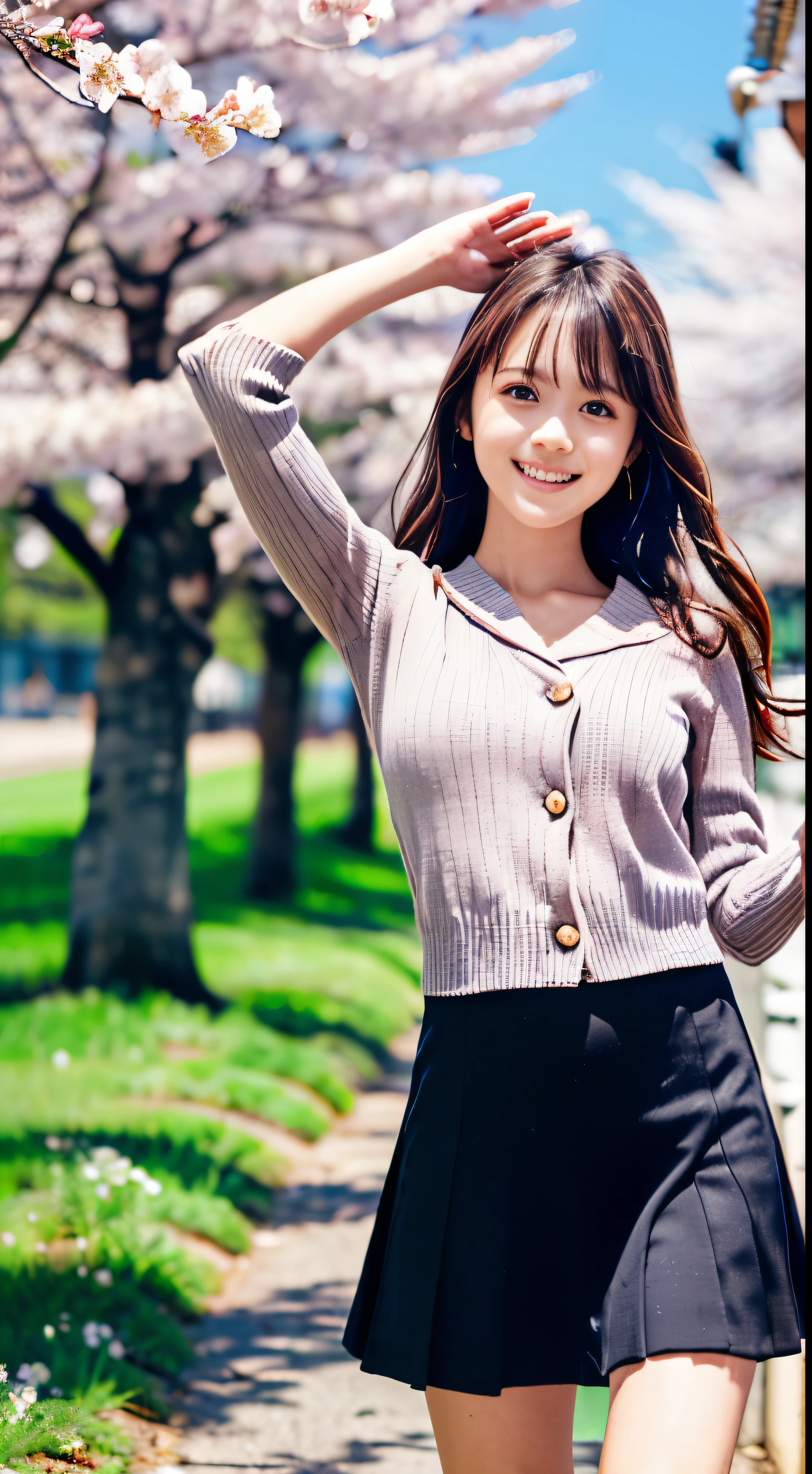 (wearing a spring sweater and skirt、Close-up portrait of a girl with slender small breasts and long light brown wavy hair:1.5)、(A girl turns around and spreads her arms wide and smiles, Her hair blows in the wind in the schoolyard lined with cherry blossom trees in full bloom.:1.5)、(Blurry background,:1.5)、(Perfect Anatomy:1.5)、(complete hands:1.3)、(complete fingers:1.3)、Photorealsitic、Raw photography、masutepiece、top-quality、hight resolution、delicate and pretty、face perfect、Beautiful detailed eyes、Fair skin、Real Human Skin、((thin legs))