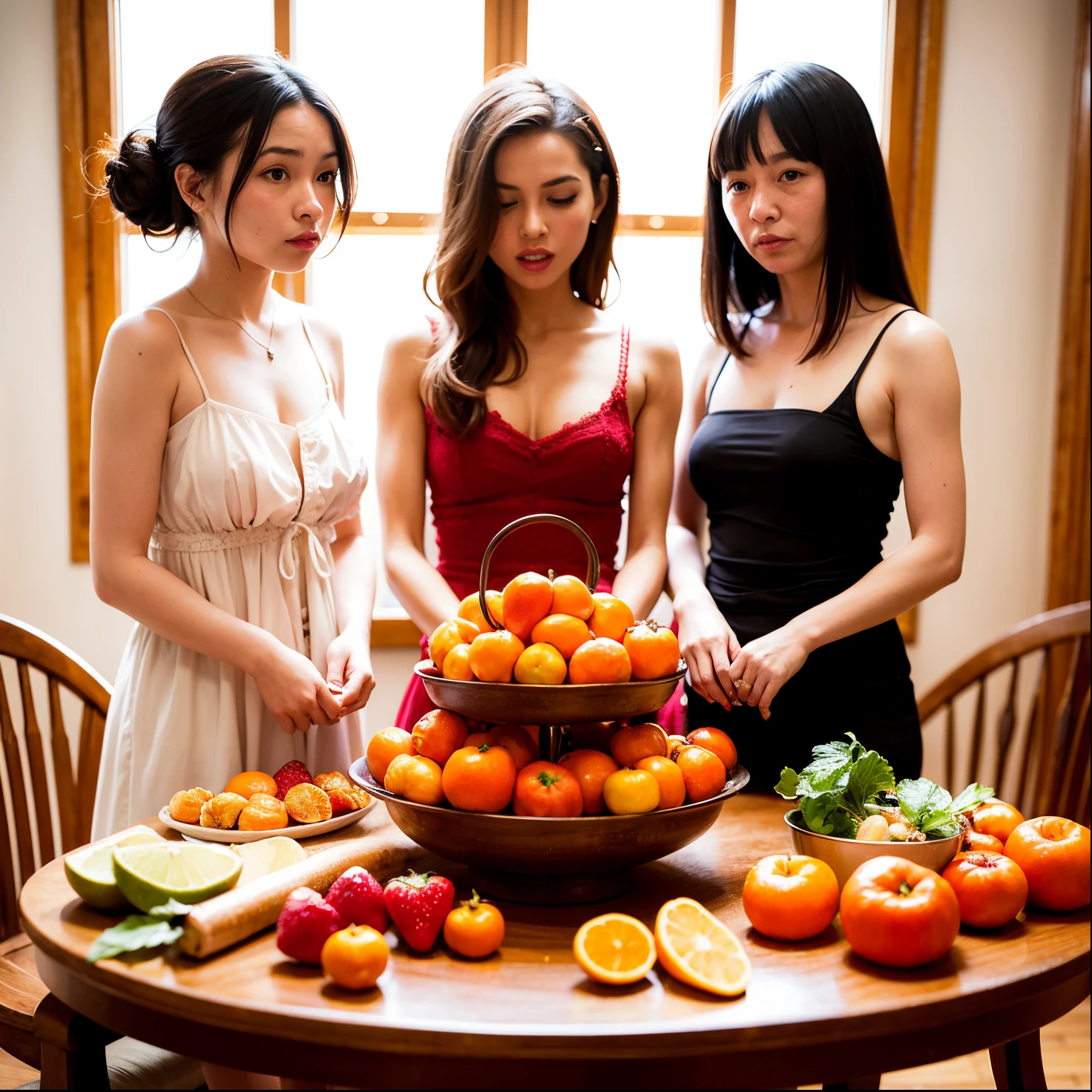 ​masterpiece、top-quality、realisitic、Photorealsitic、Orange-themed paradise、Japan woman in orange style sexy swimsuit、Teen。Eating oranges、Huge slices of orange、Orange plantation、Bright décor、A smile、Joy、dynamic ungle、动态照明