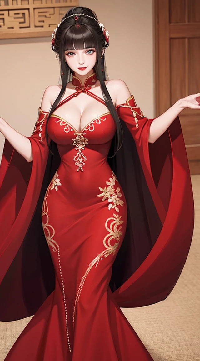 one-girl, beautidful eyes, having fun,awas,cabelos preto e longos,Red dress,Chinese-style clothes,