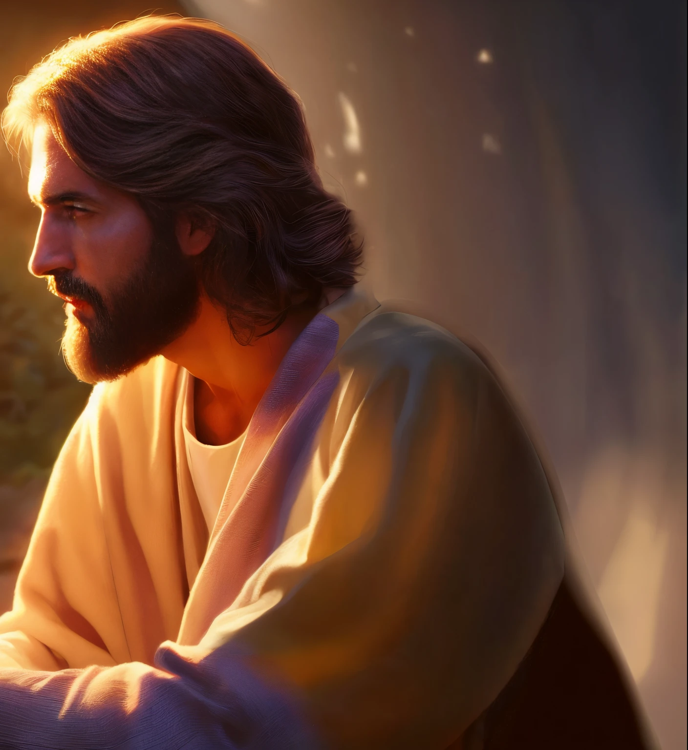 Realistic image of Jesus sitting in the light of the cross, Jesus Cristo, Greg Olsen, Retrato de Jesus Cristo, O Senhor e Salvador, Jesus, Jesus Cristo em Mass Effect, imagem renderizada, fan art, jesus of nazareth, Directed by: Scott Gustafson, Tron legado Jesus Cristo, sua mente contemplando a eternidade, Luz gloriosa, bible illustration, Nicodemos, Directed by: Jason Felix